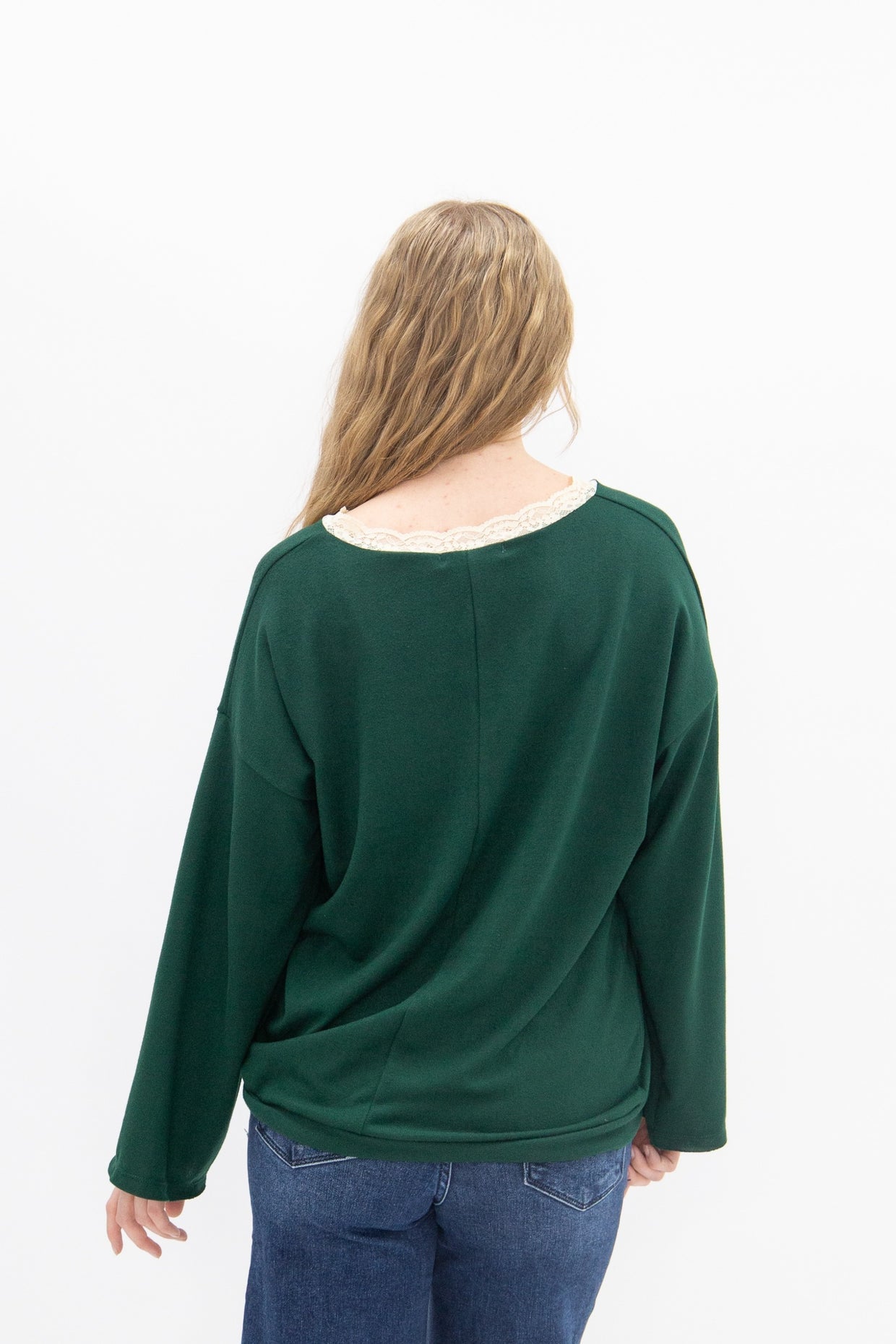 The Carlie V-Neck Lace Trim Top - Forest Green