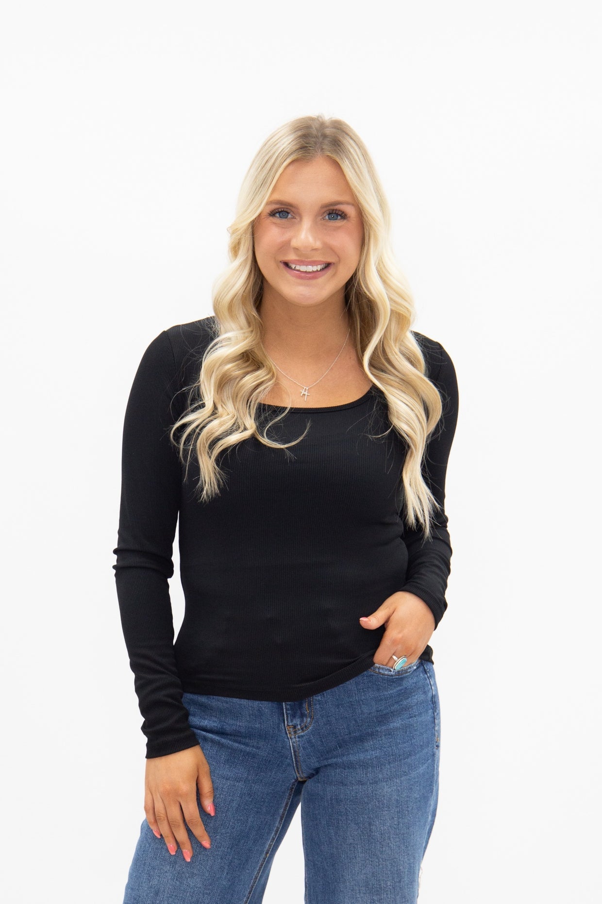 The Grace Square Neck Long Sleeve Top - Black