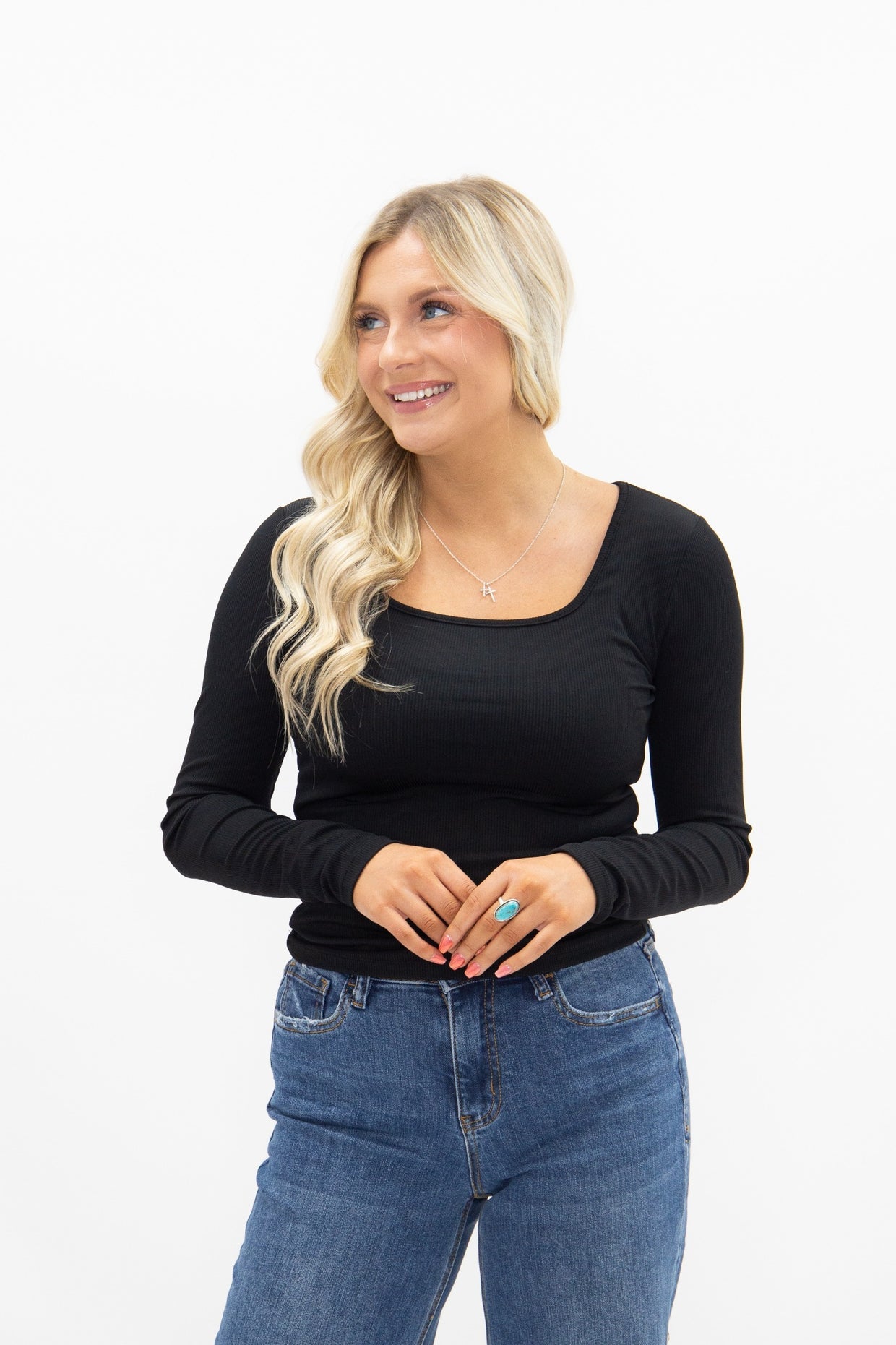 The Grace Square Neck Long Sleeve Top - Black