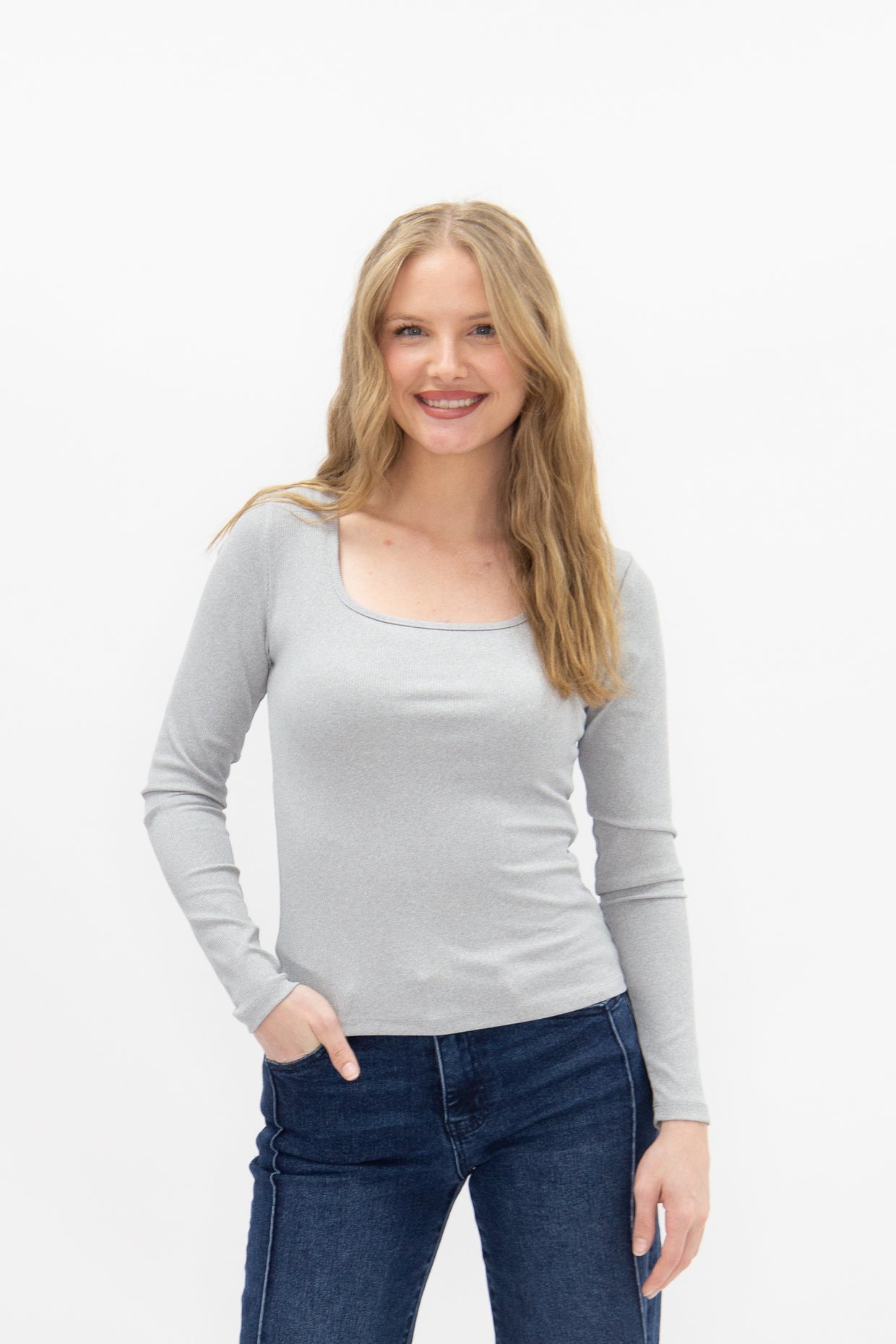 The Grace Square Neck Long Sleeve Top - Grey