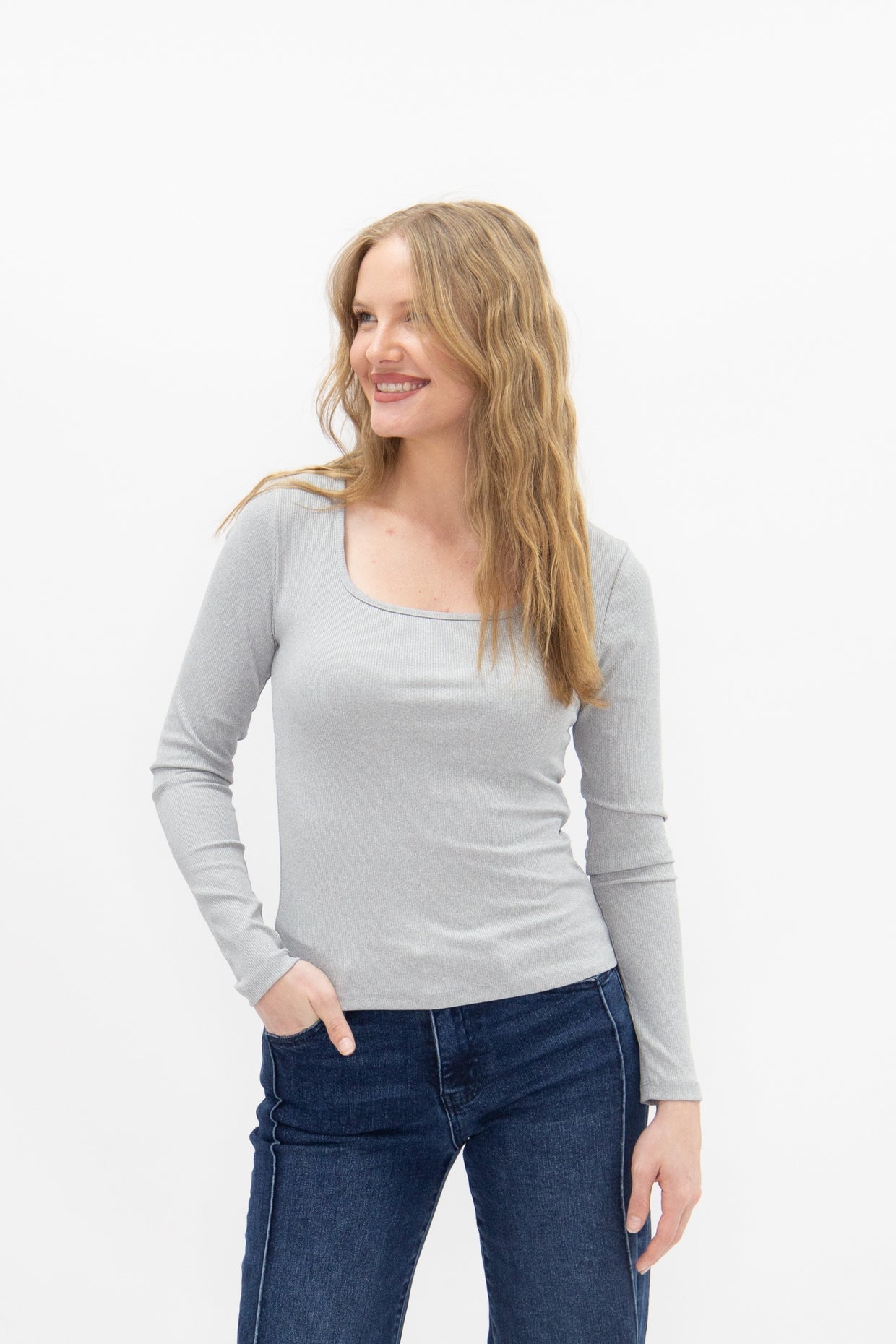 The Grace Square Neck Long Sleeve Top - Grey