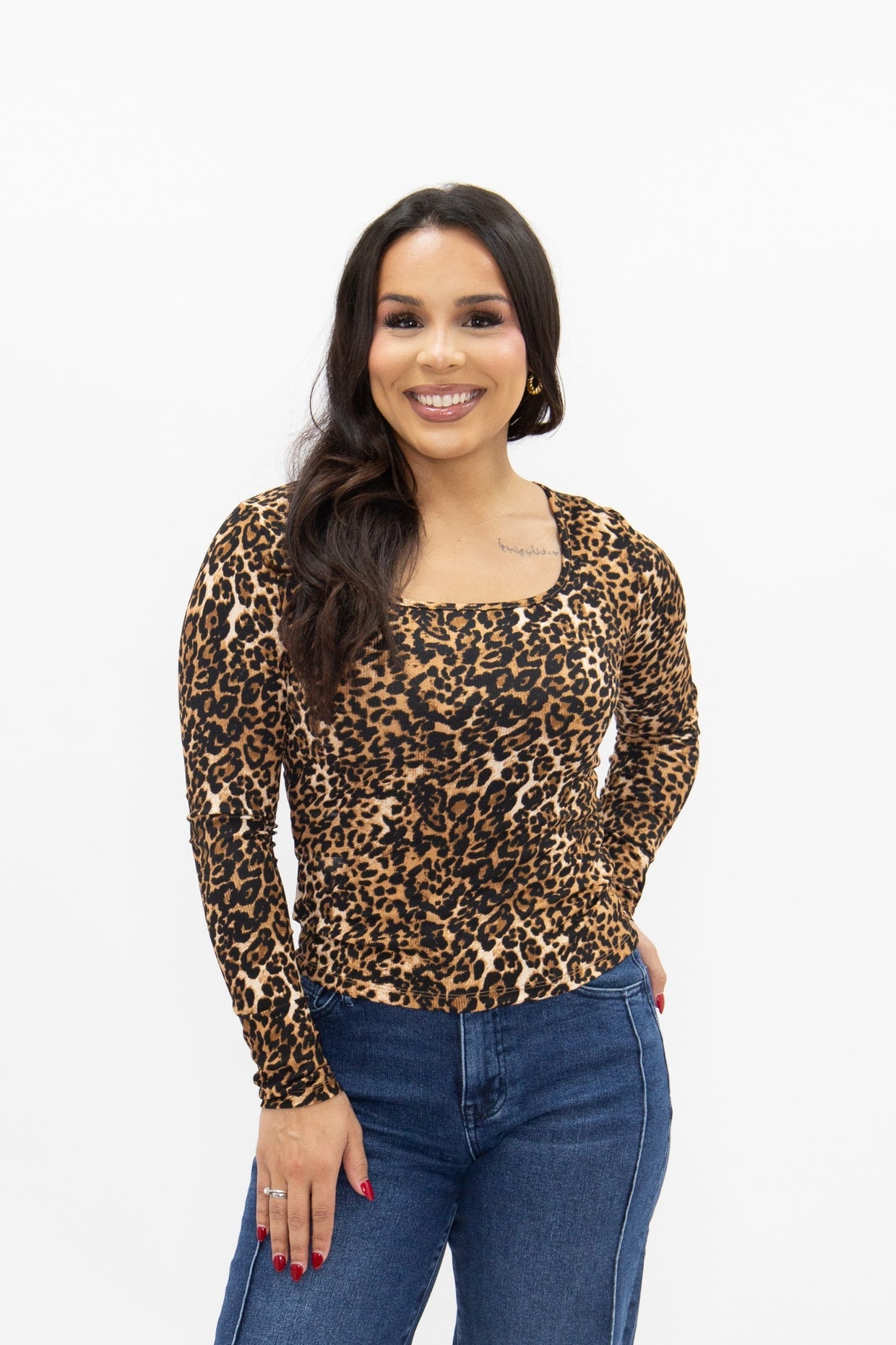 The Grace Square Neck Long Sleeve Top - Leopard