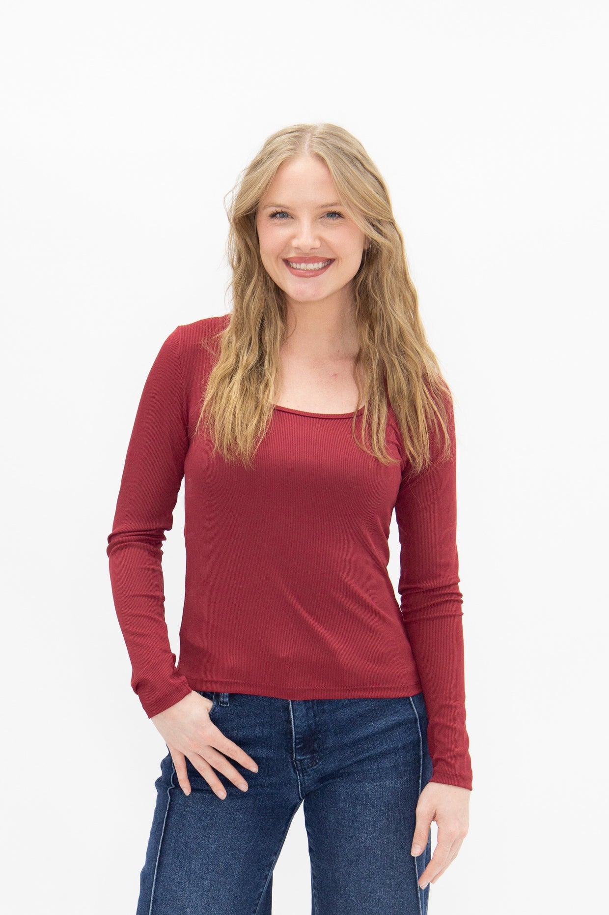 The Grace Square Neck Long Sleeve Top - Maroon