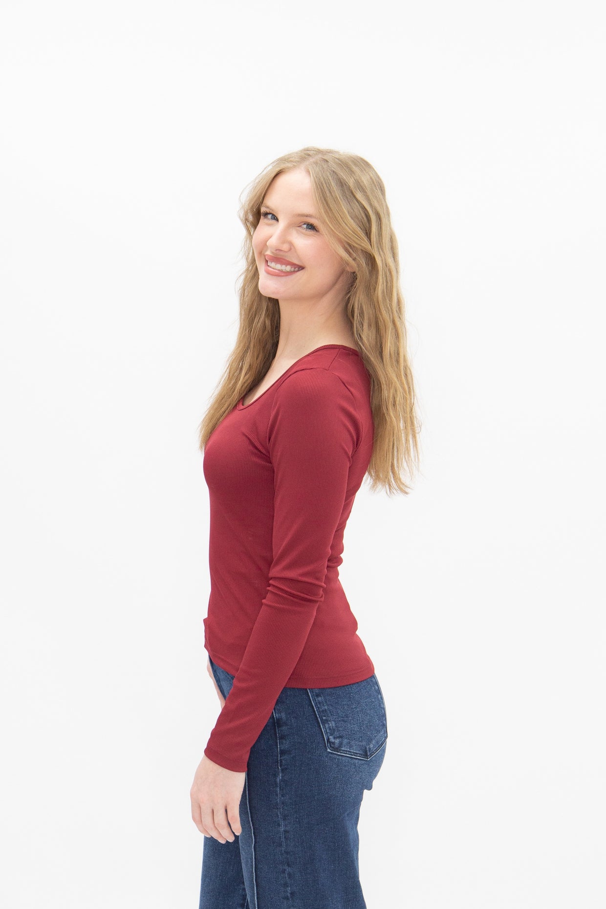 The Grace Square Neck Long Sleeve Top - Maroon