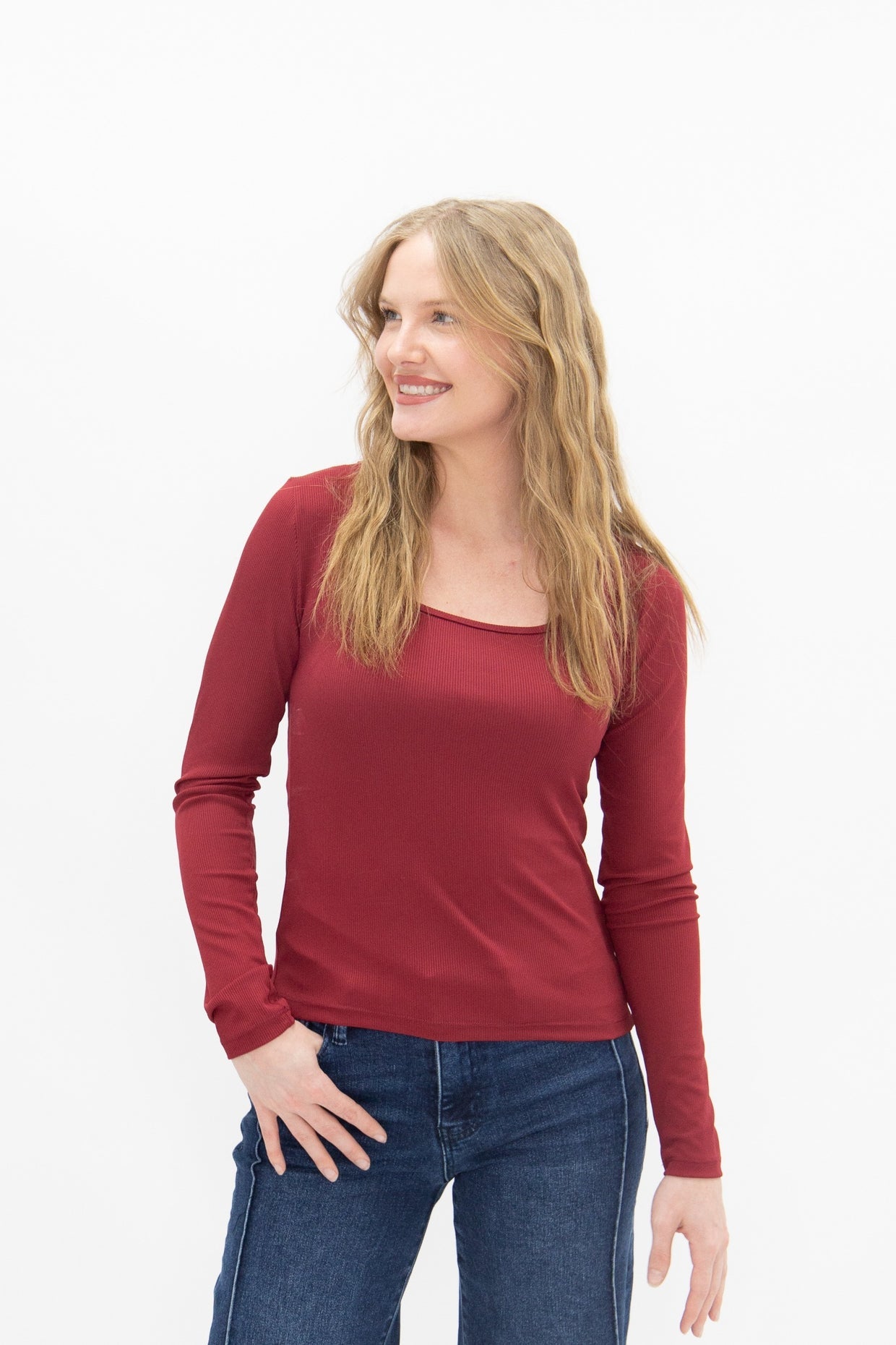 The Grace Square Neck Long Sleeve Top - Maroon