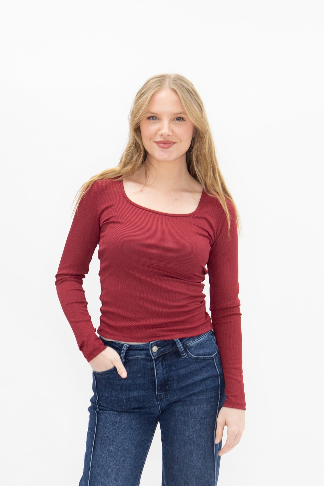 The Grace Square Neck Long Sleeve Top - Maroon