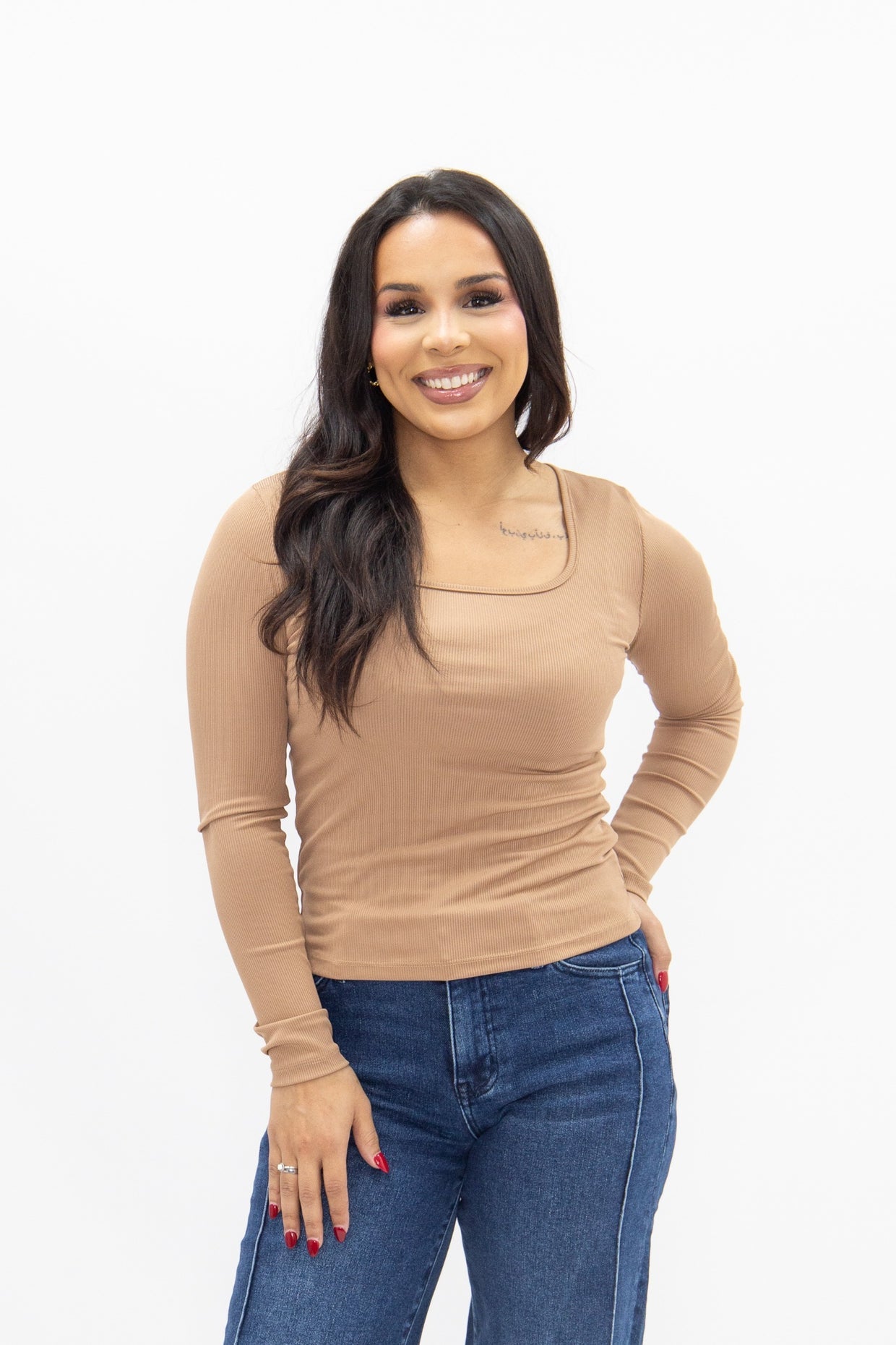 The Grace Square Neck Long Sleeve Top - Tan