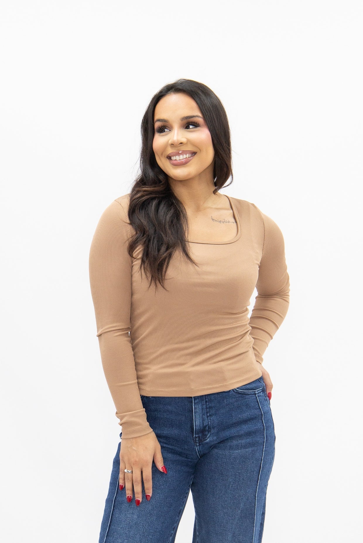 The Grace Square Neck Long Sleeve Top - Tan