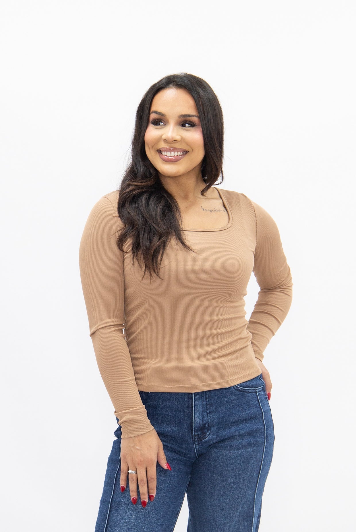 The Grace Square Neck Long Sleeve Top - Tan