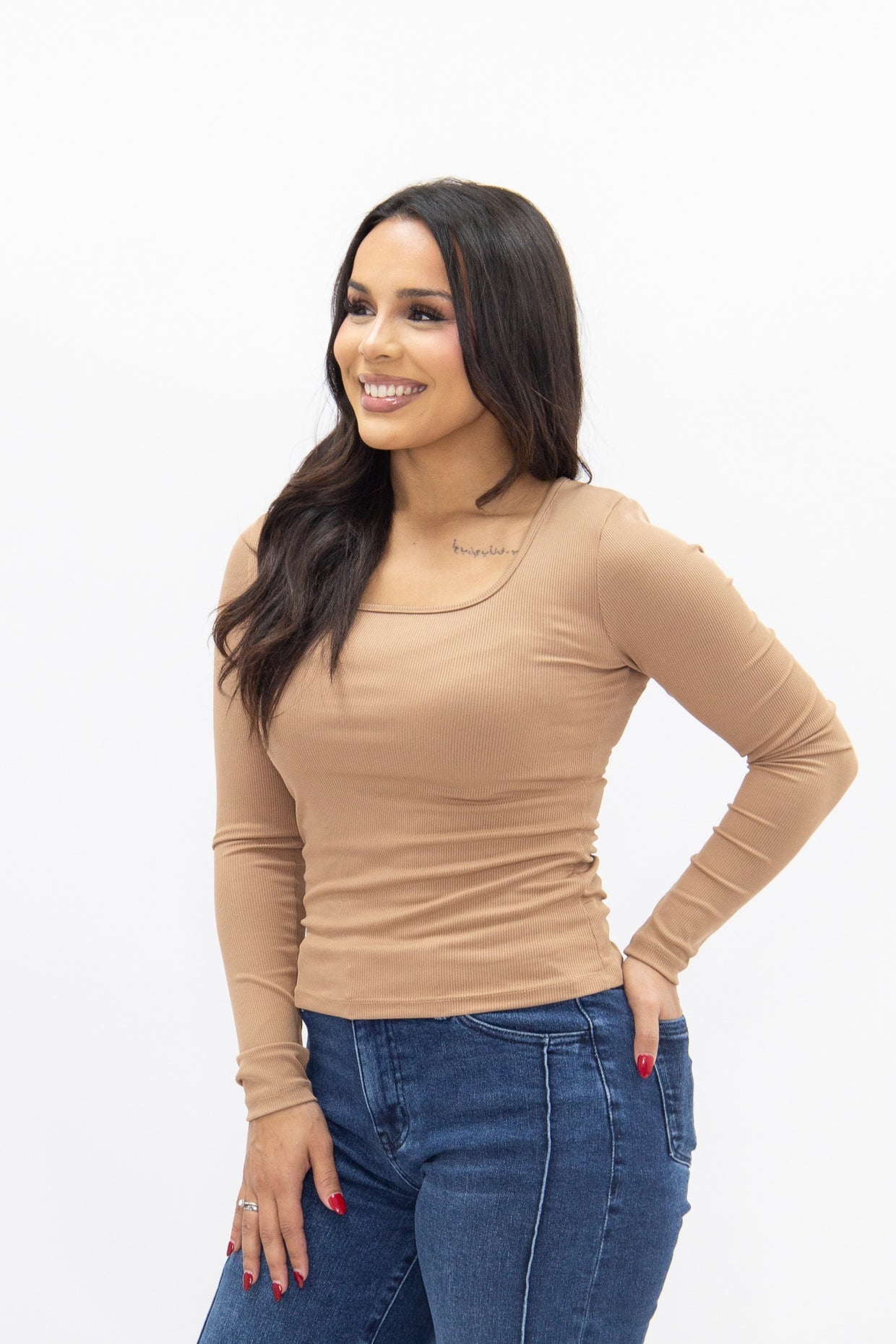 The Grace Square Neck Long Sleeve Top - Tan