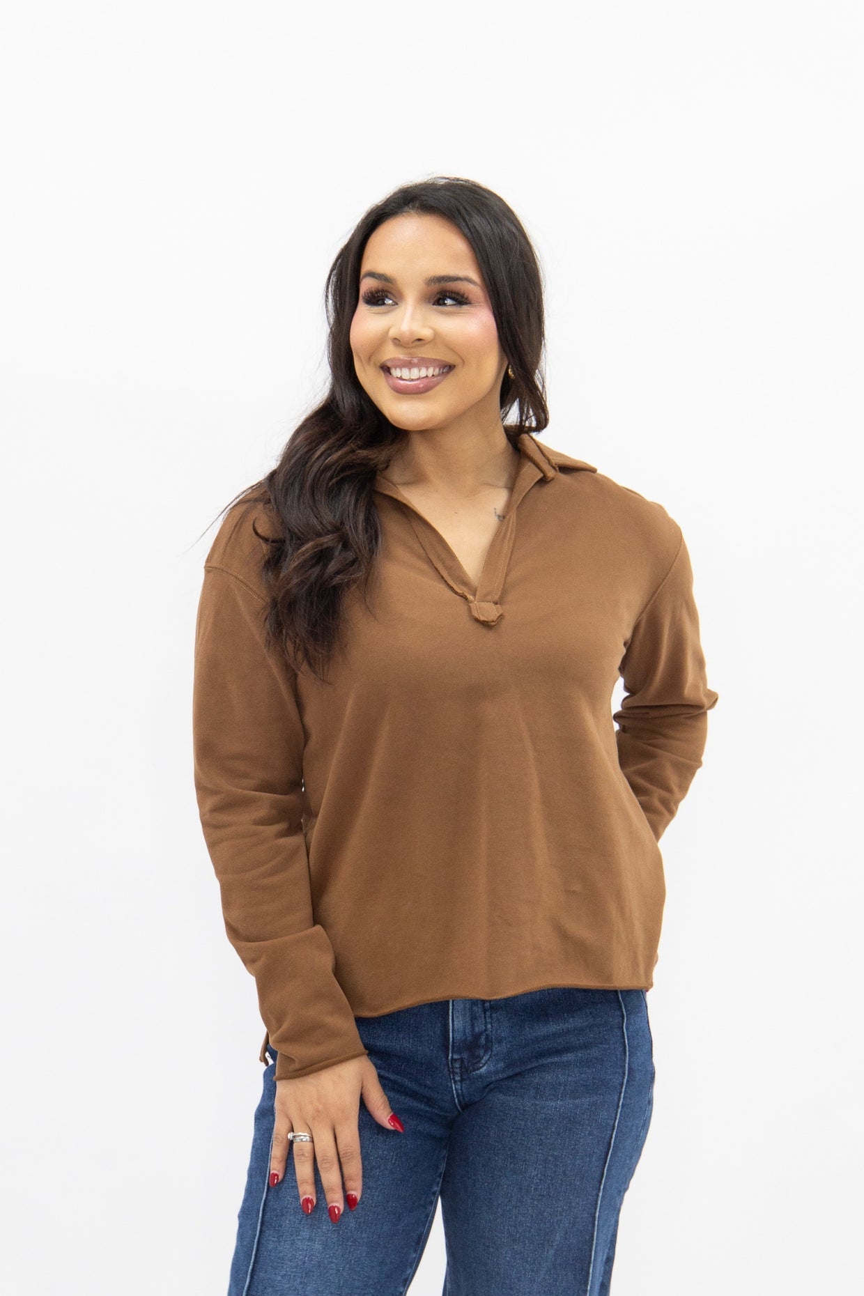 The Molly V-Neck Collared Pullover - Brown