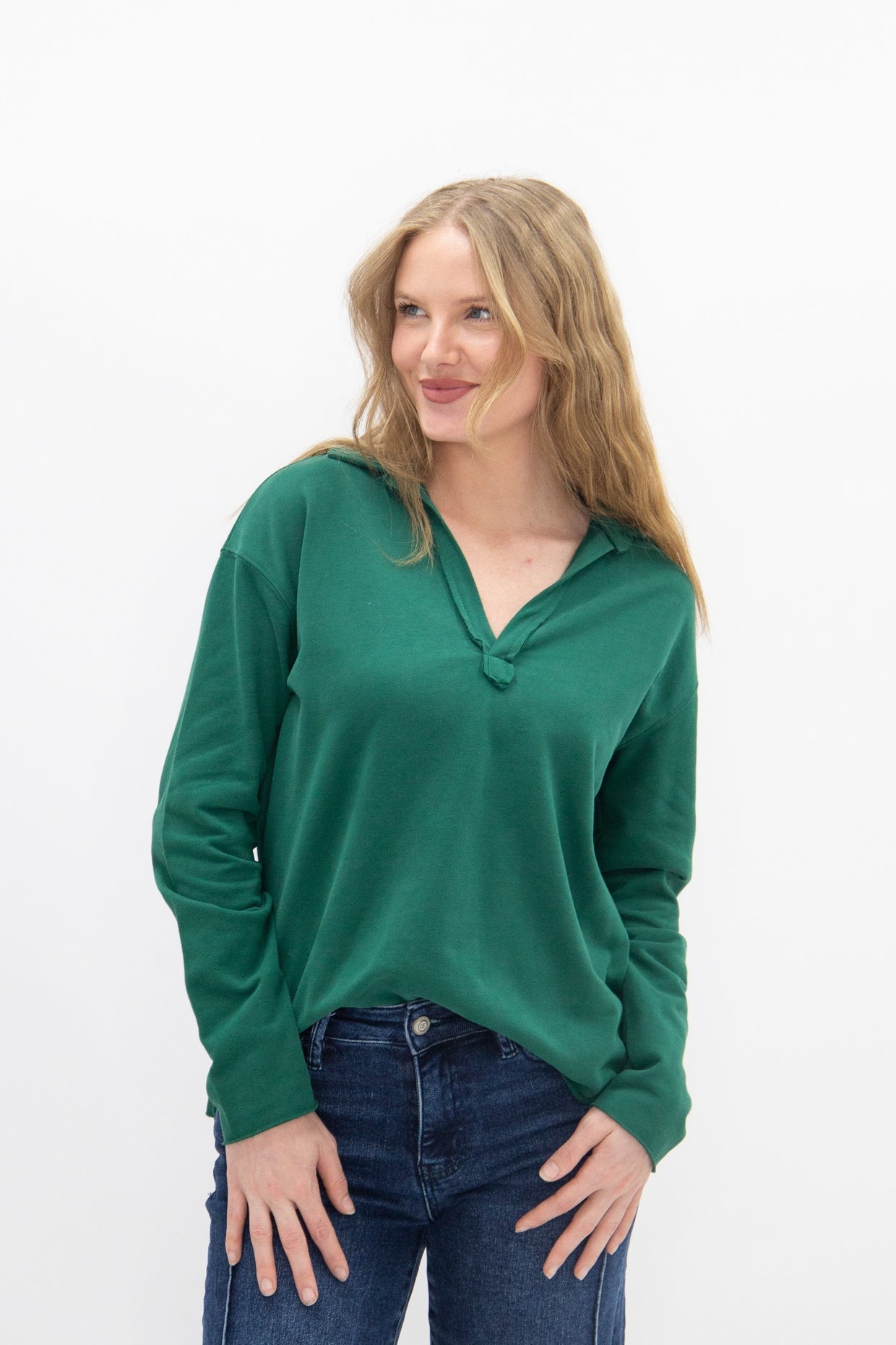 The Molly V-Neck Collared Pullover - Green