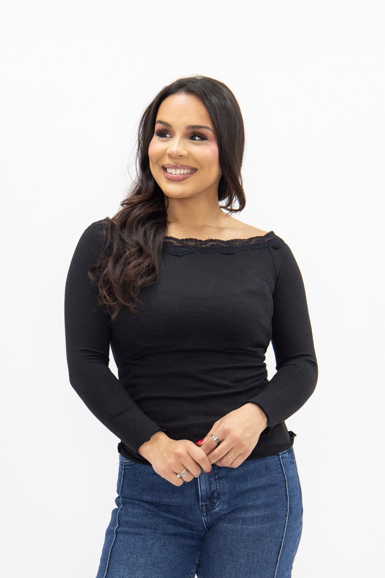 The Enna Longsleeve Off-the-Shoulder Lace Trim Top - Black