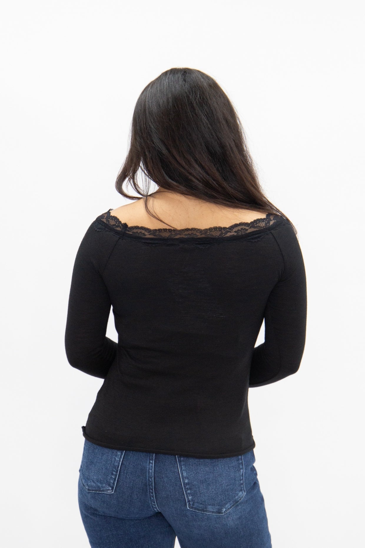 The Enna Longsleeve Off-the-Shoulder Lace Trim Top - Black