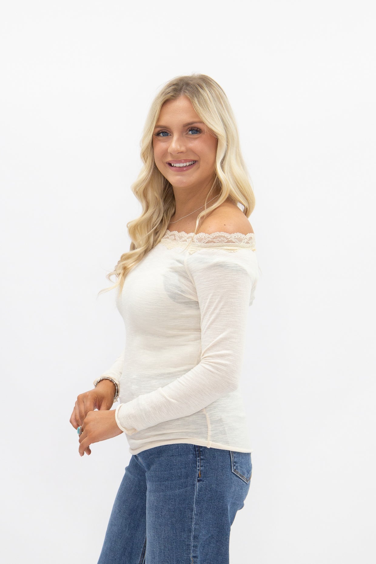 The Enna Longsleeve Off-the-Shoulder Lace Trim Top - Ivory