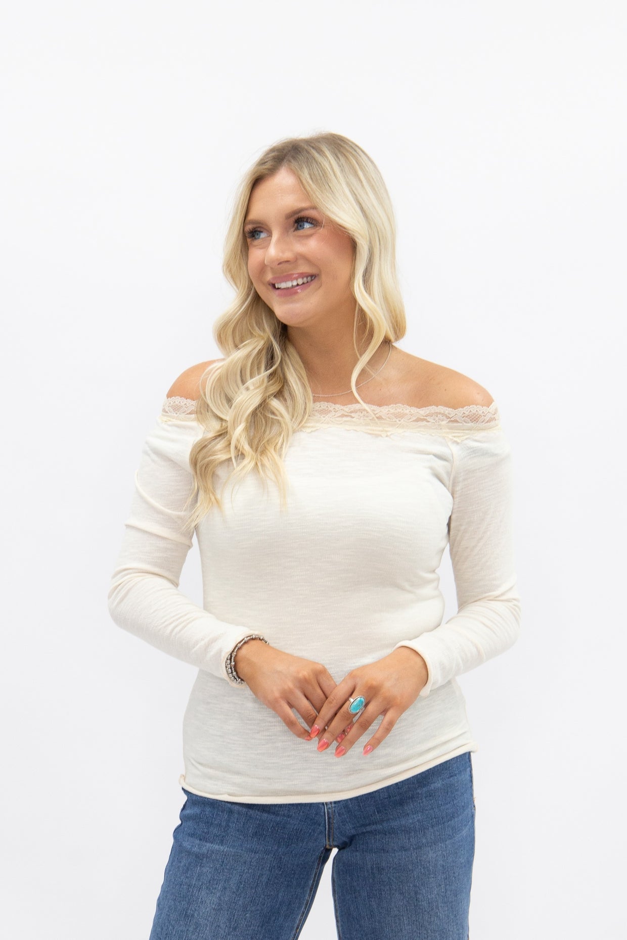 The Enna Longsleeve Off-the-Shoulder Lace Trim Top - Ivory