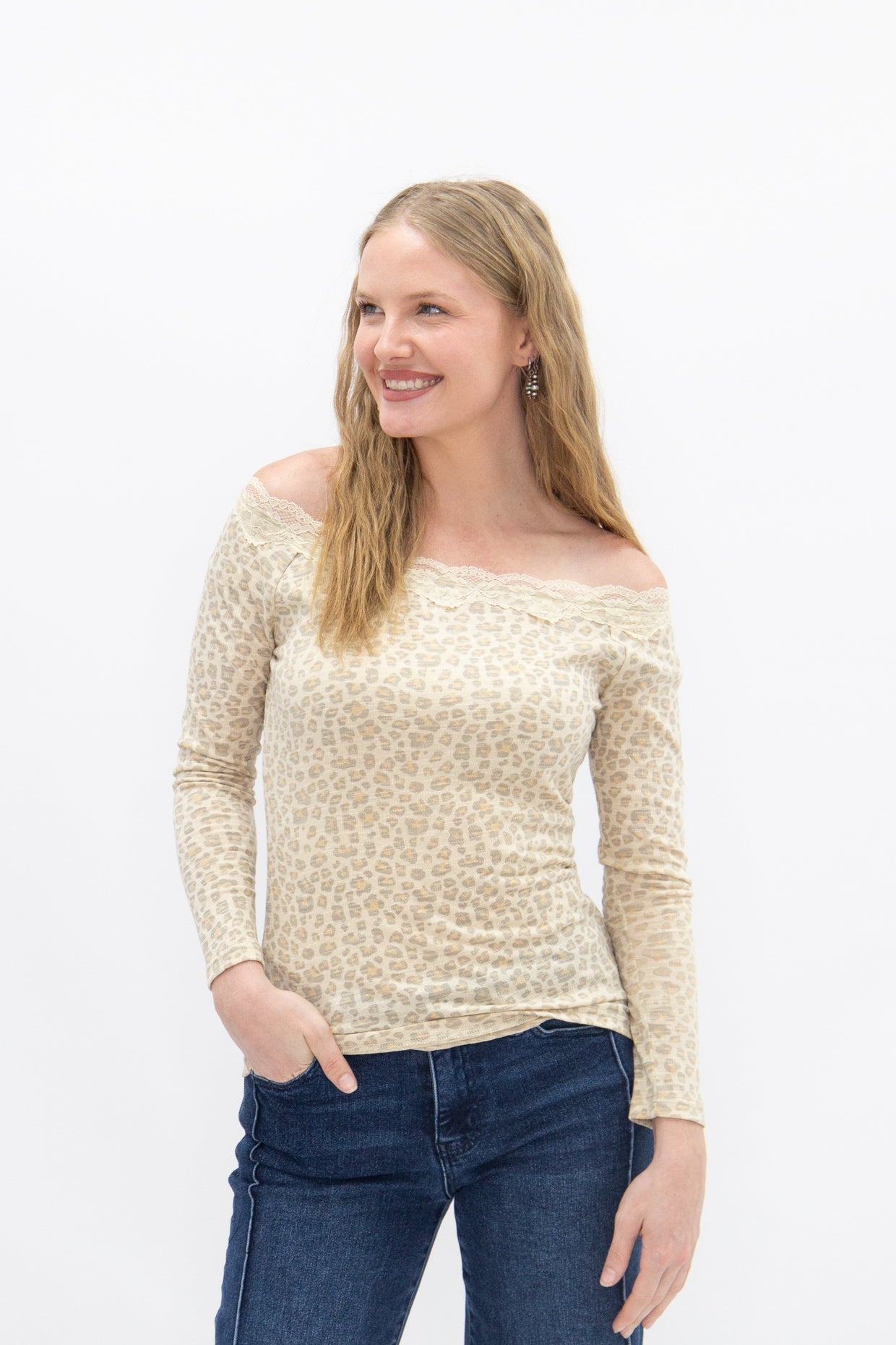The Enna Longsleeve Off-the-Shoulder Lace Trim Top - Leopard