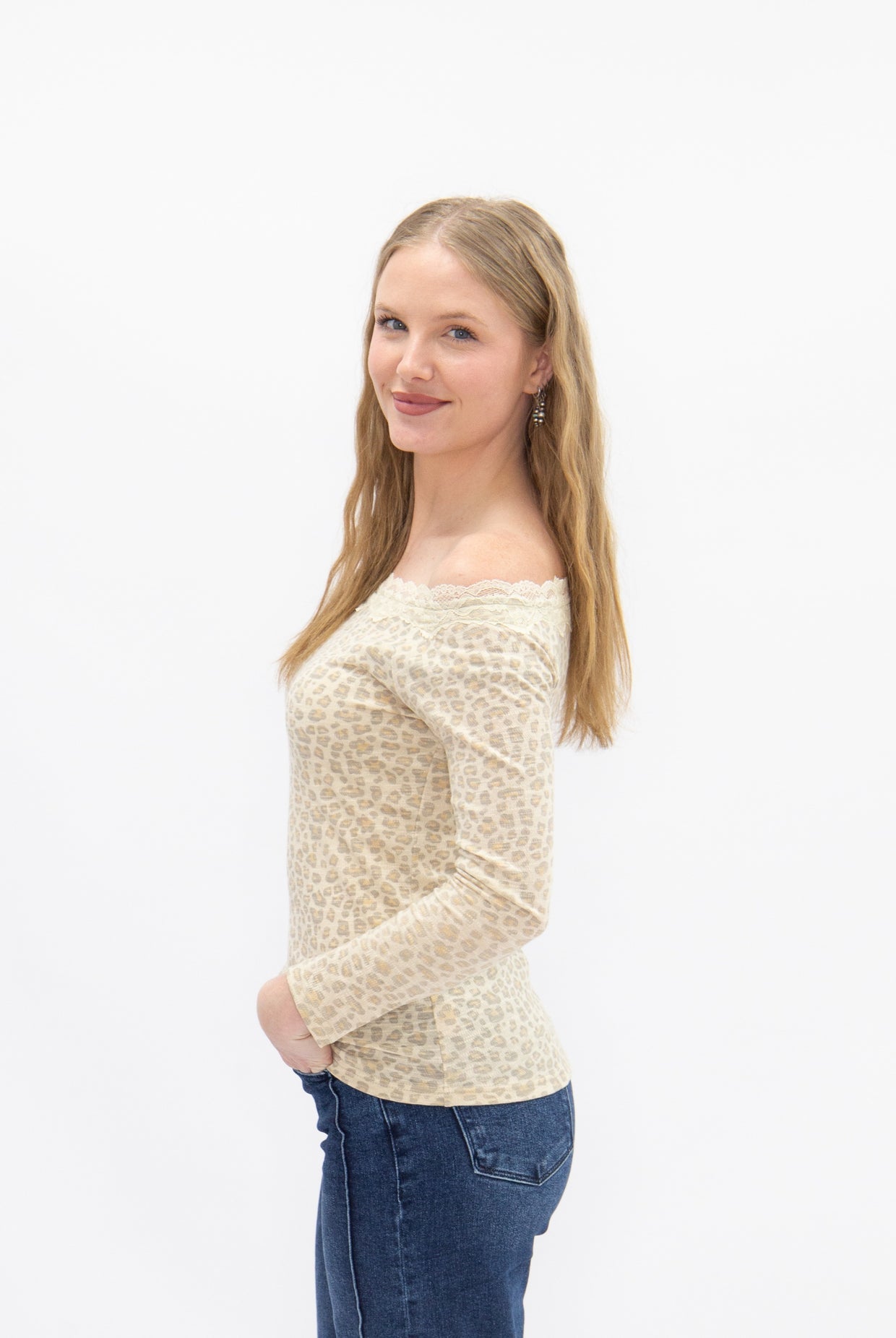 The Enna Longsleeve Off-the-Shoulder Lace Trim Top - Leopard
