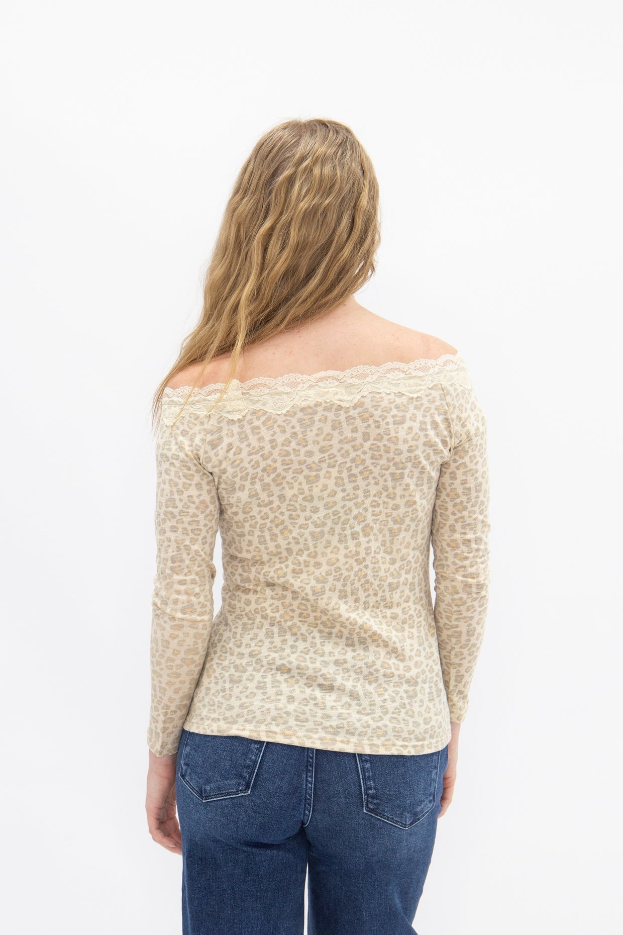 The Enna Longsleeve Off-the-Shoulder Lace Trim Top - Leopard