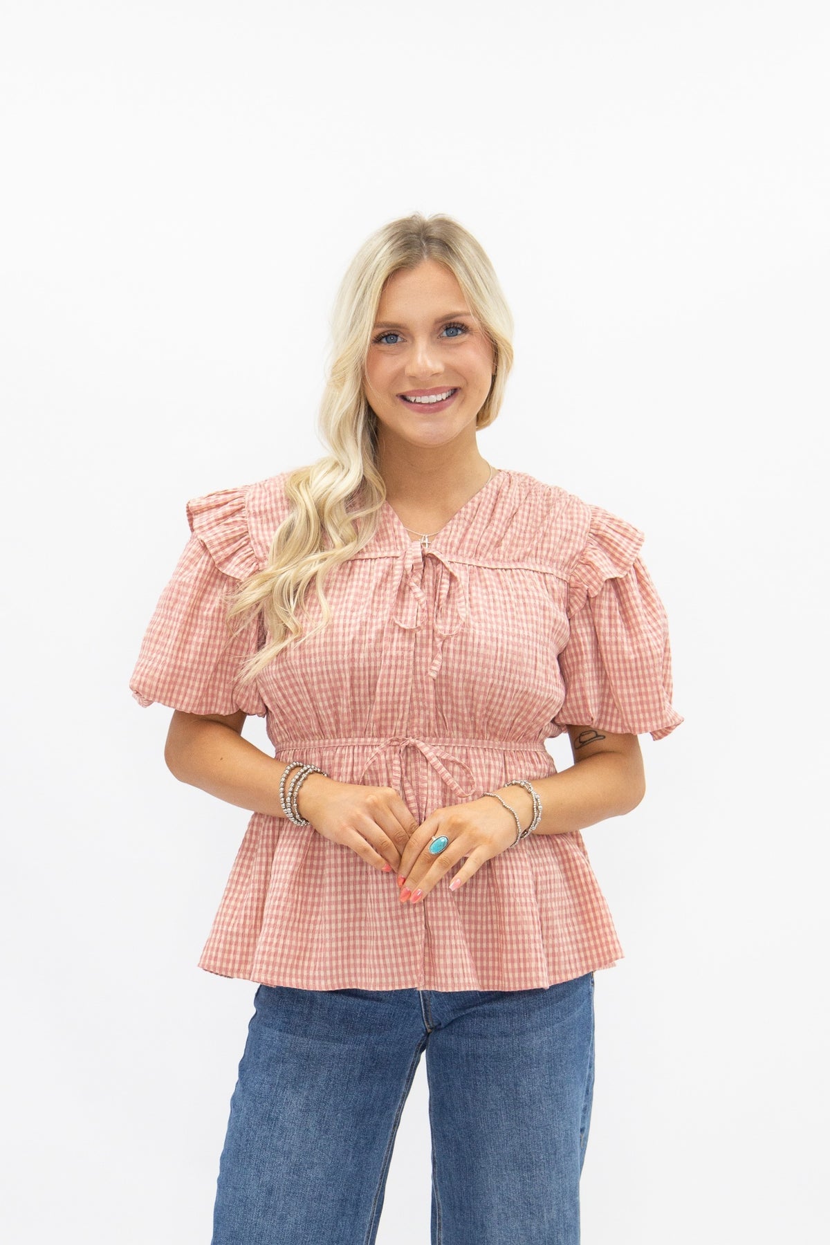 The Annalee Puff Sleeve Tie Front Blouse - Blush Gingham