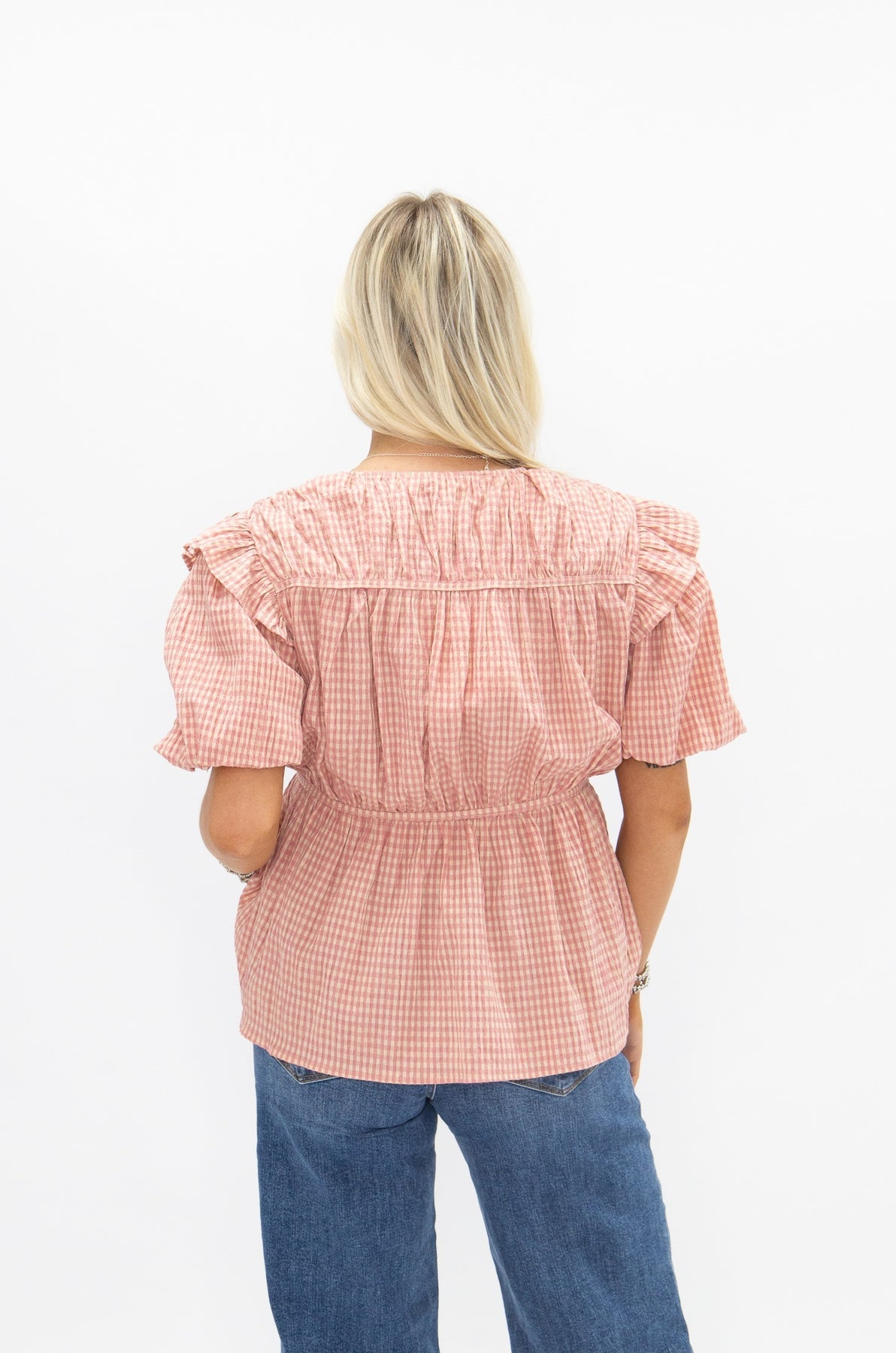 The Annalee Puff Sleeve Tie Front Blouse - Blush Gingham