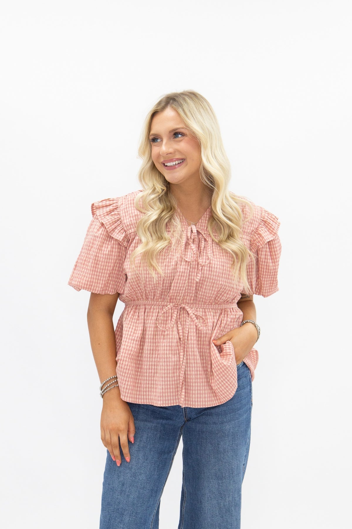 The Annalee Puff Sleeve Tie Front Blouse - Blush Gingham