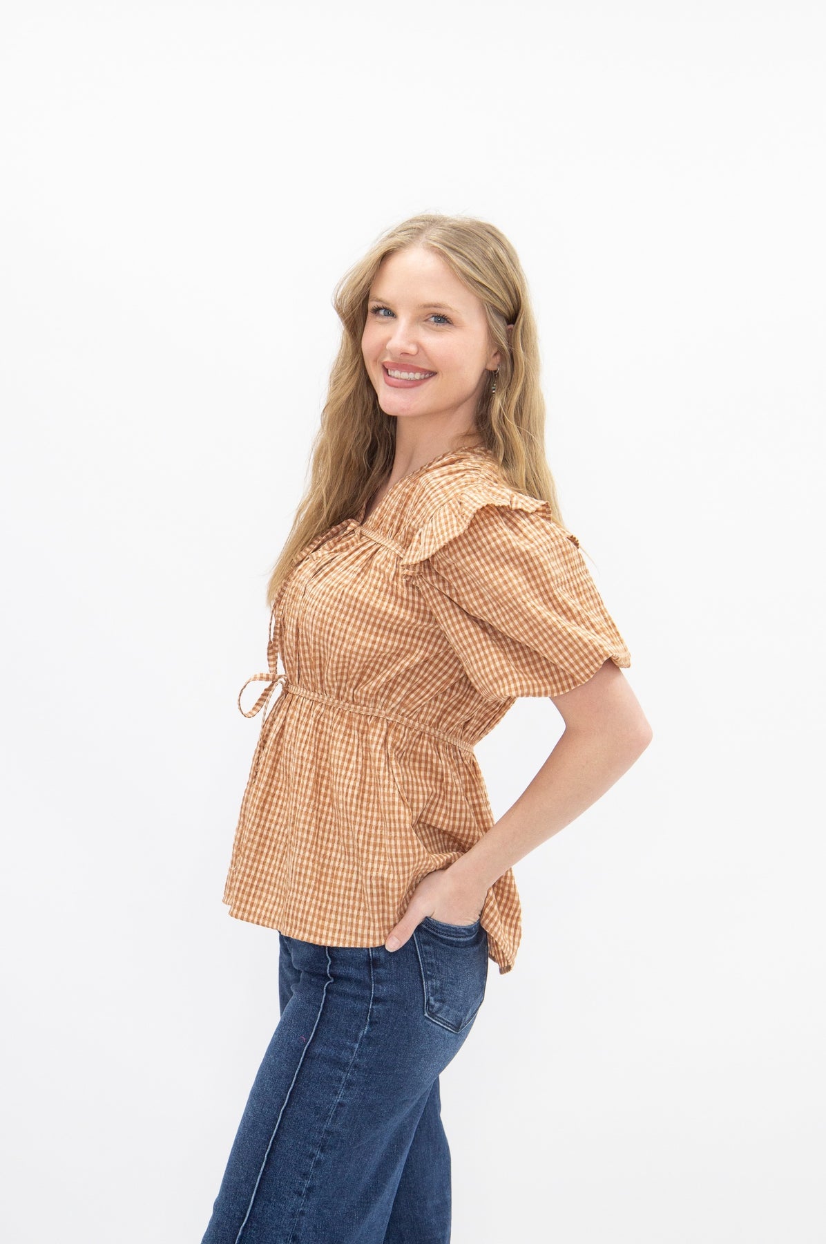 The Annalee Puff Sleeve Tie Front Blouse - Brown Gingham
