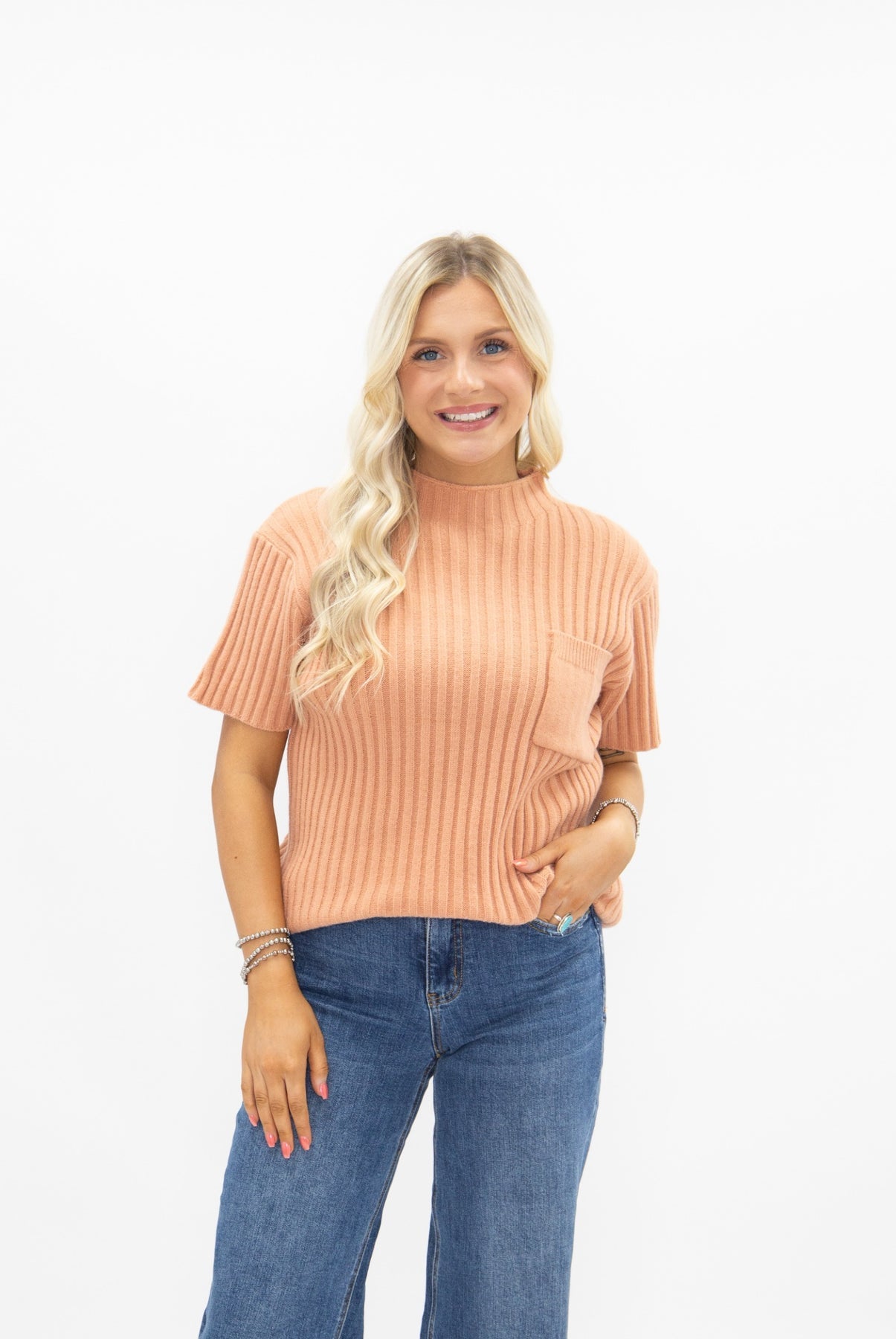 The Sarinna Mock Neck Short Sleeve Pullover Sweater -  Sunset