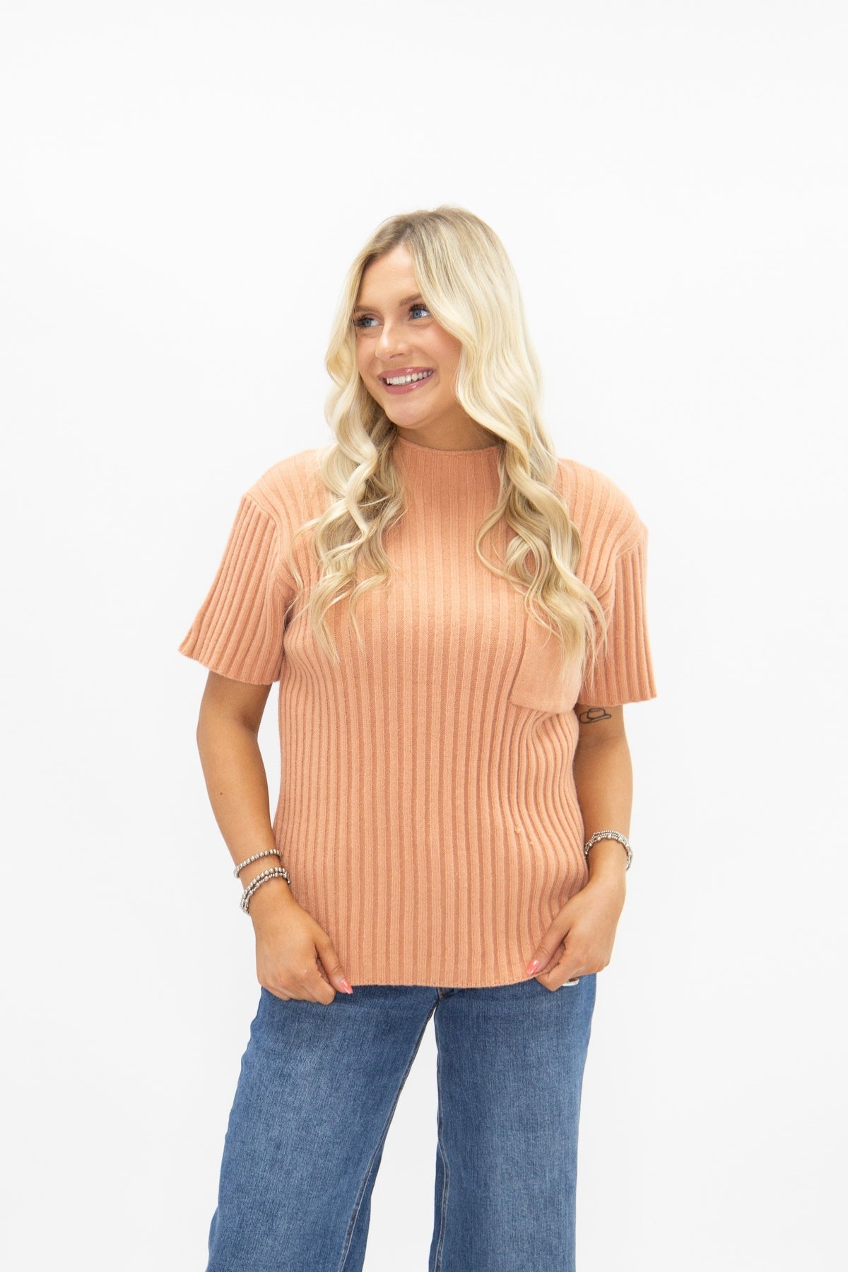 The Sarinna Mock Neck Short Sleeve Pullover Sweater -  Sunset