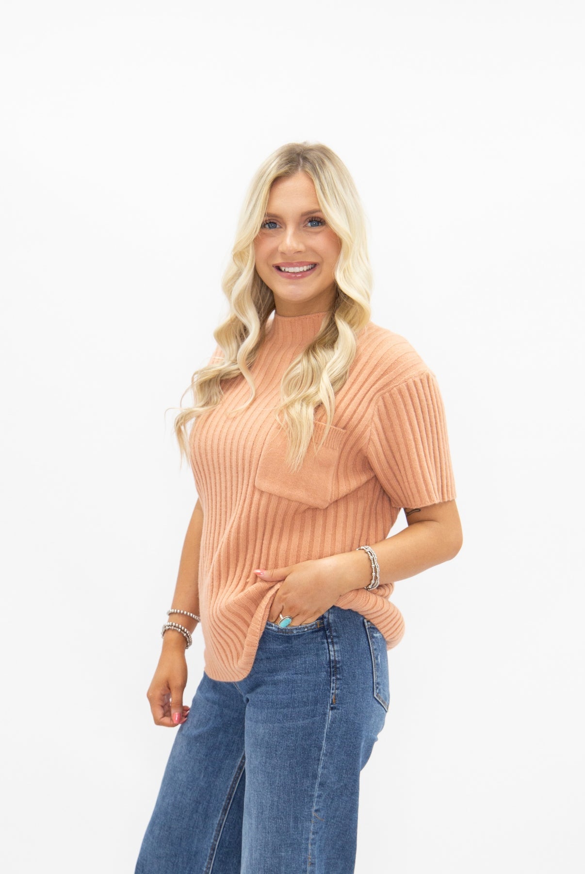 The Sarinna Mock Neck Short Sleeve Pullover Sweater -  Sunset