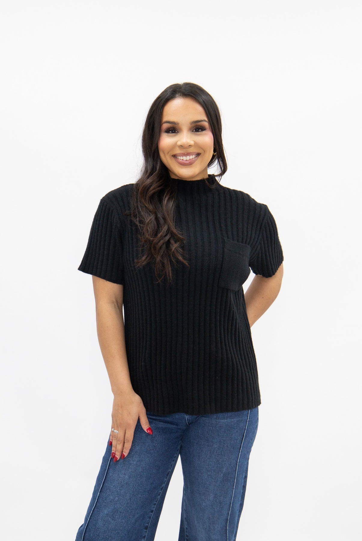 The Sarinna Mock Neck Short Sleeve Pullover Sweater -  Black