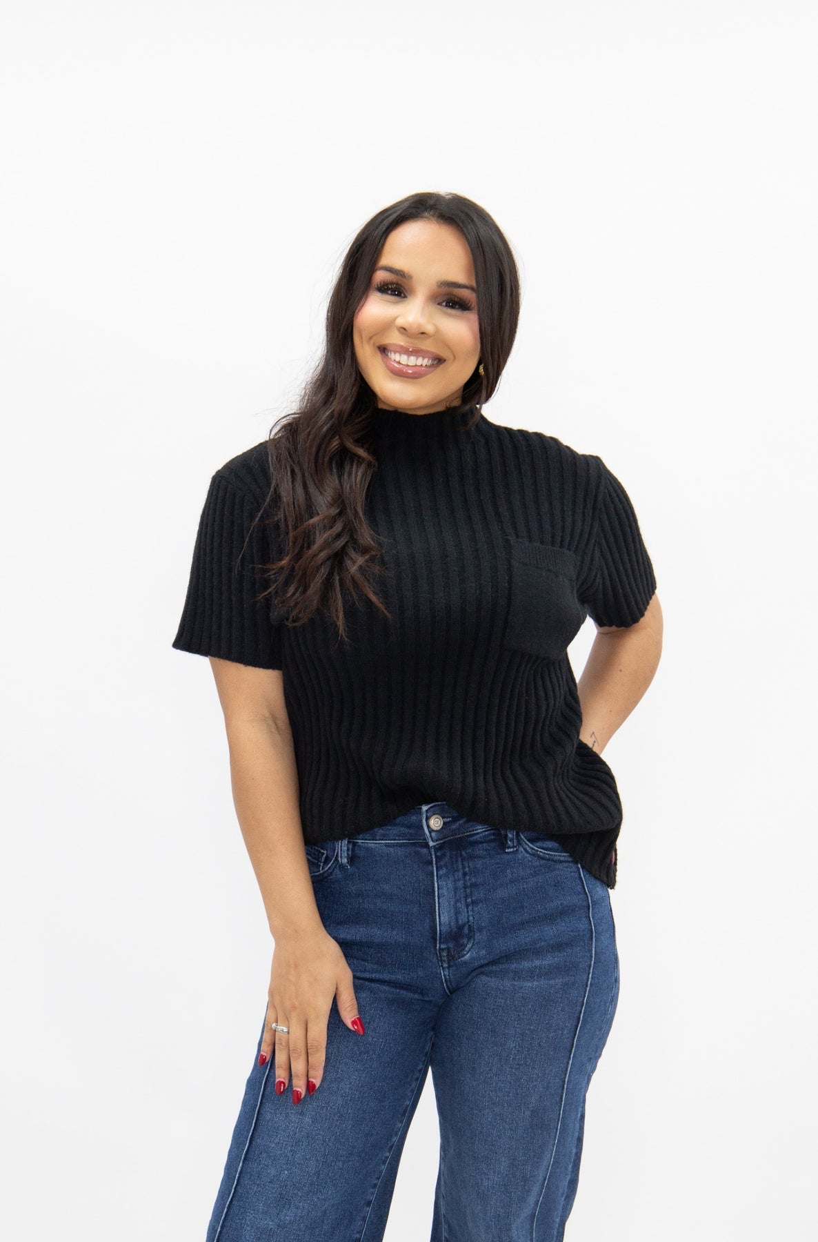 The Sarinna Mock Neck Short Sleeve Pullover Sweater -  Black