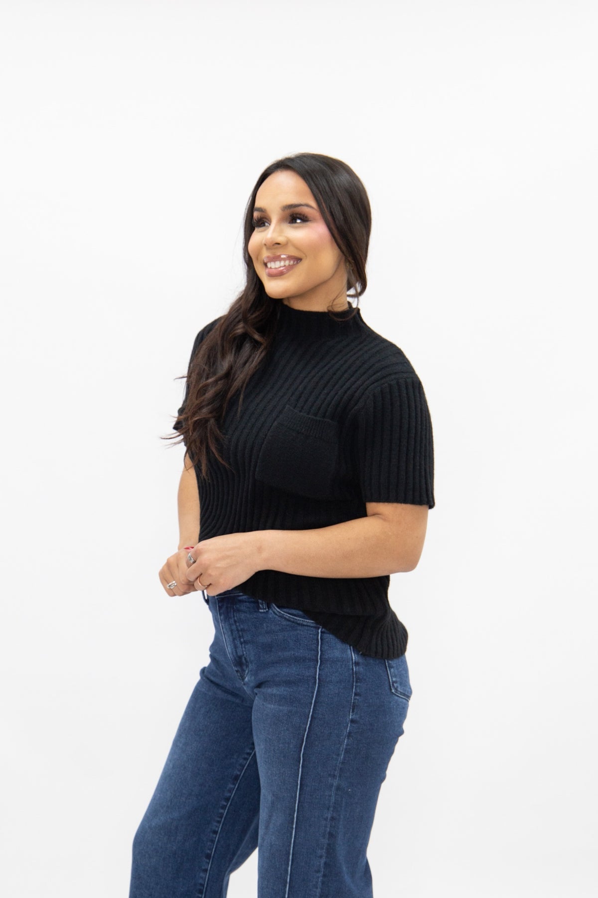 The Sarinna Mock Neck Short Sleeve Pullover Sweater -  Black
