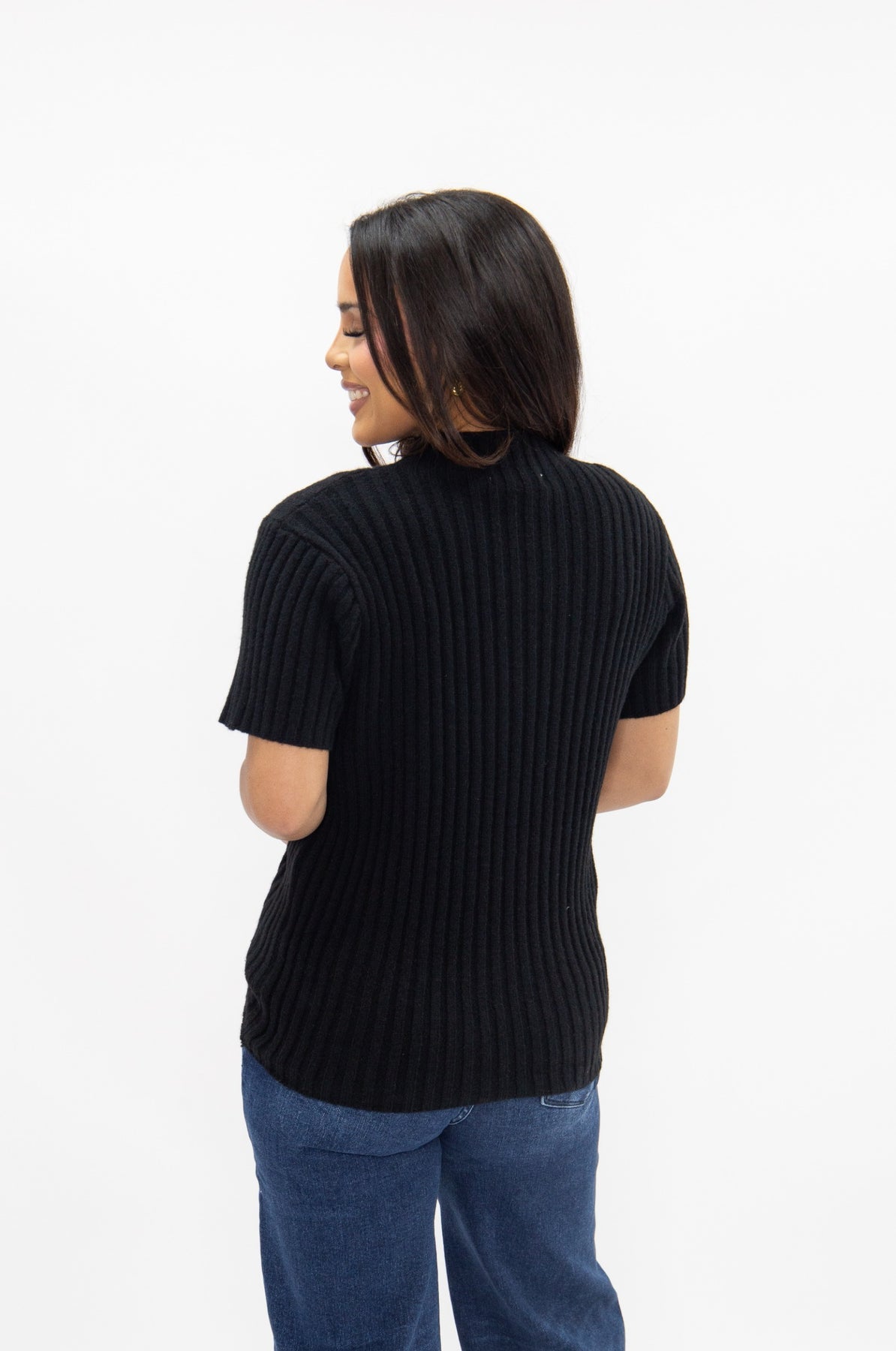 The Sarinna Mock Neck Short Sleeve Pullover Sweater -  Black