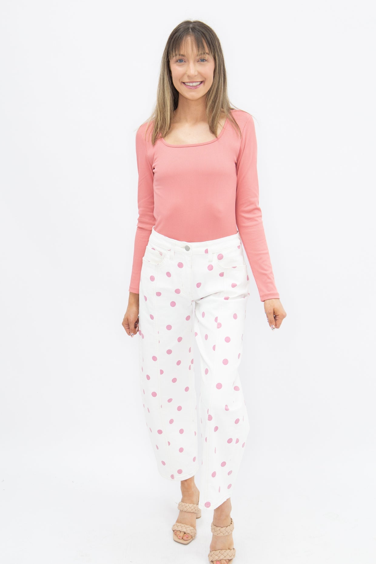 The Chloe Polka Dot Barrel Jeans - Pink/White