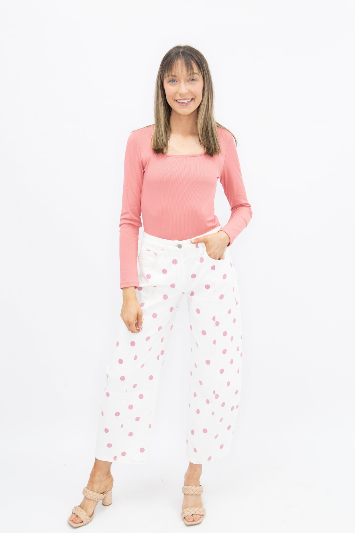 The Chloe Polka Dot Barrel Jeans - Pink/White