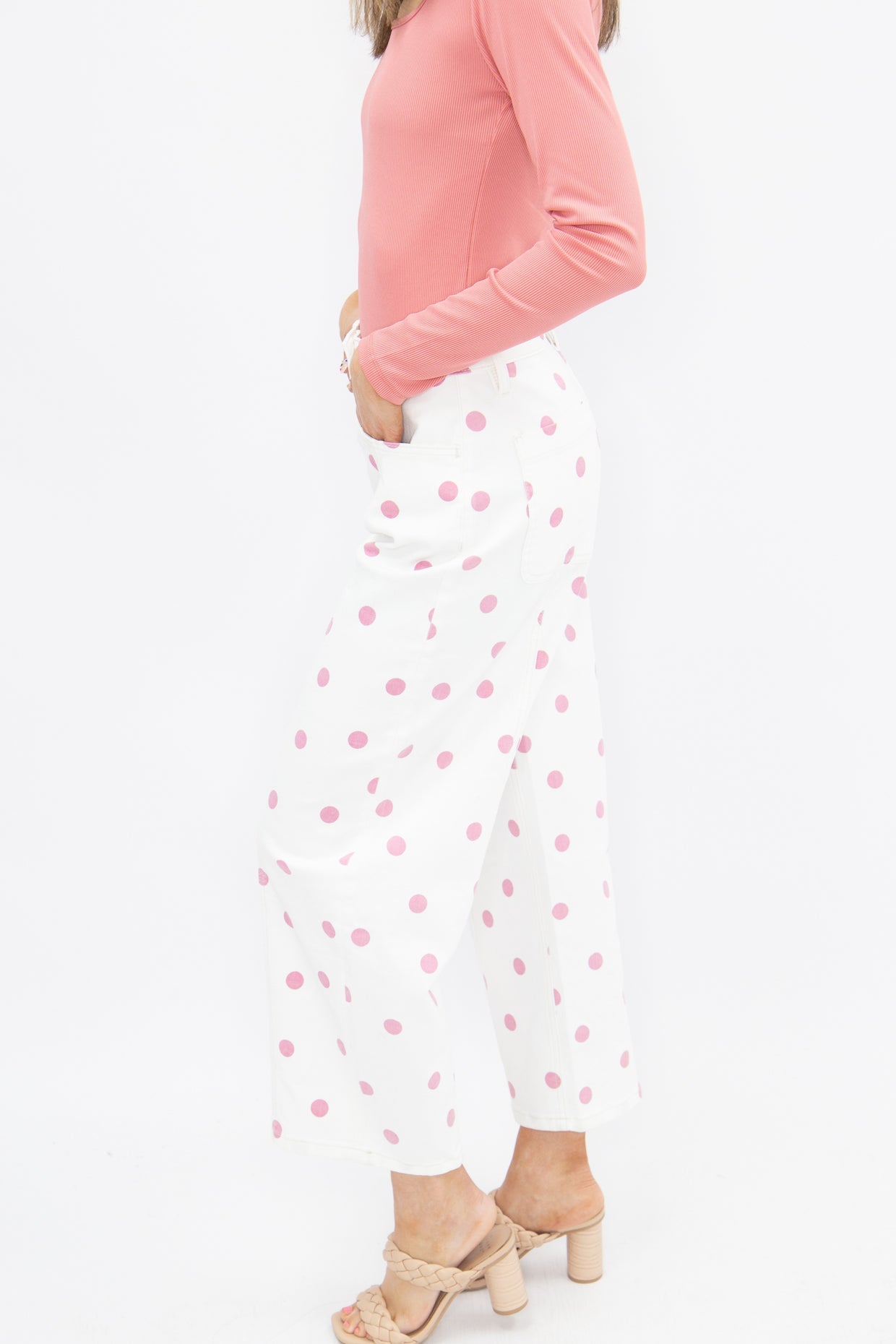 The Chloe Polka Dot Barrel Jeans - Pink/White