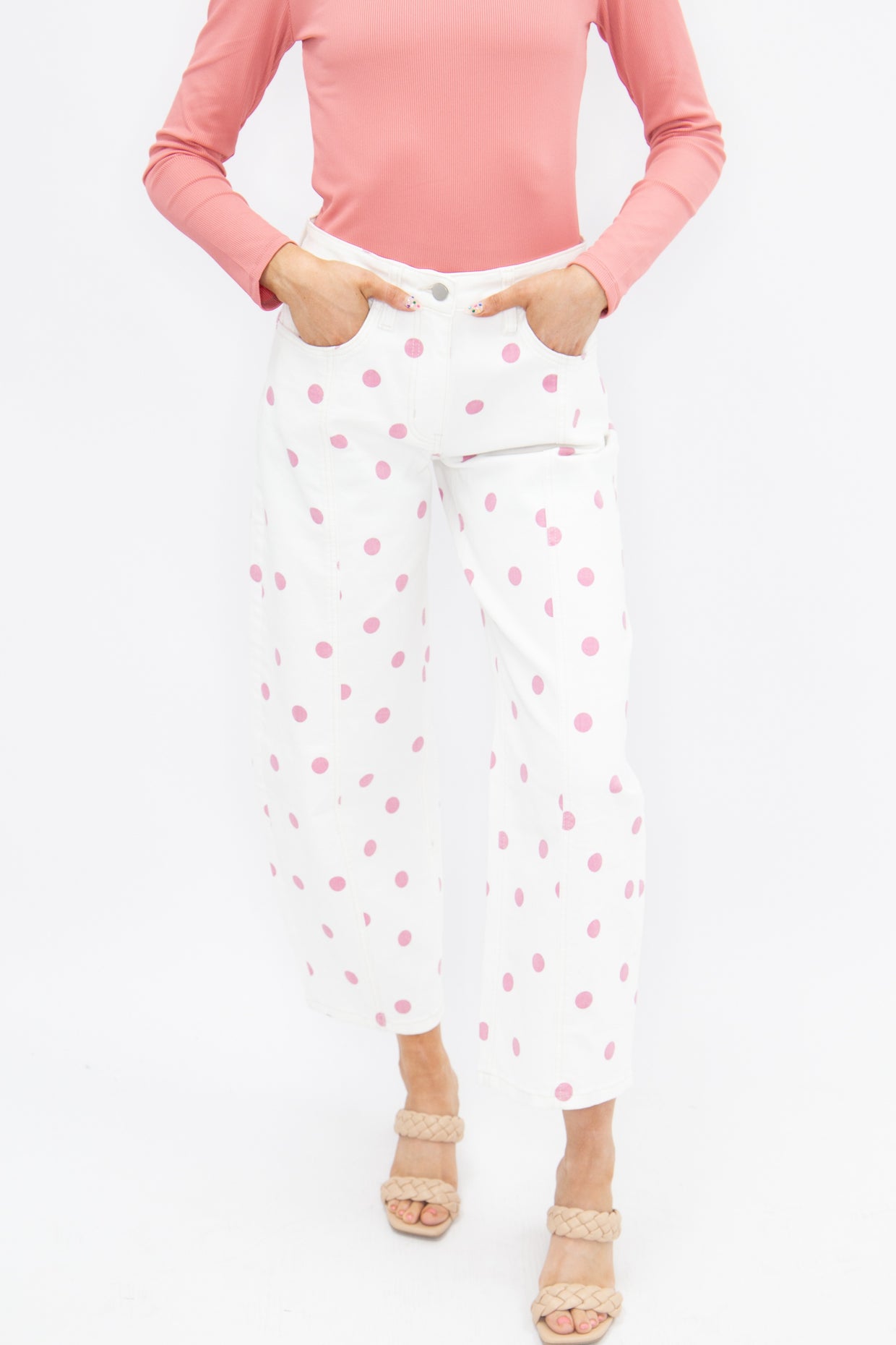 The Chloe Polka Dot Barrel Jeans - Pink/White