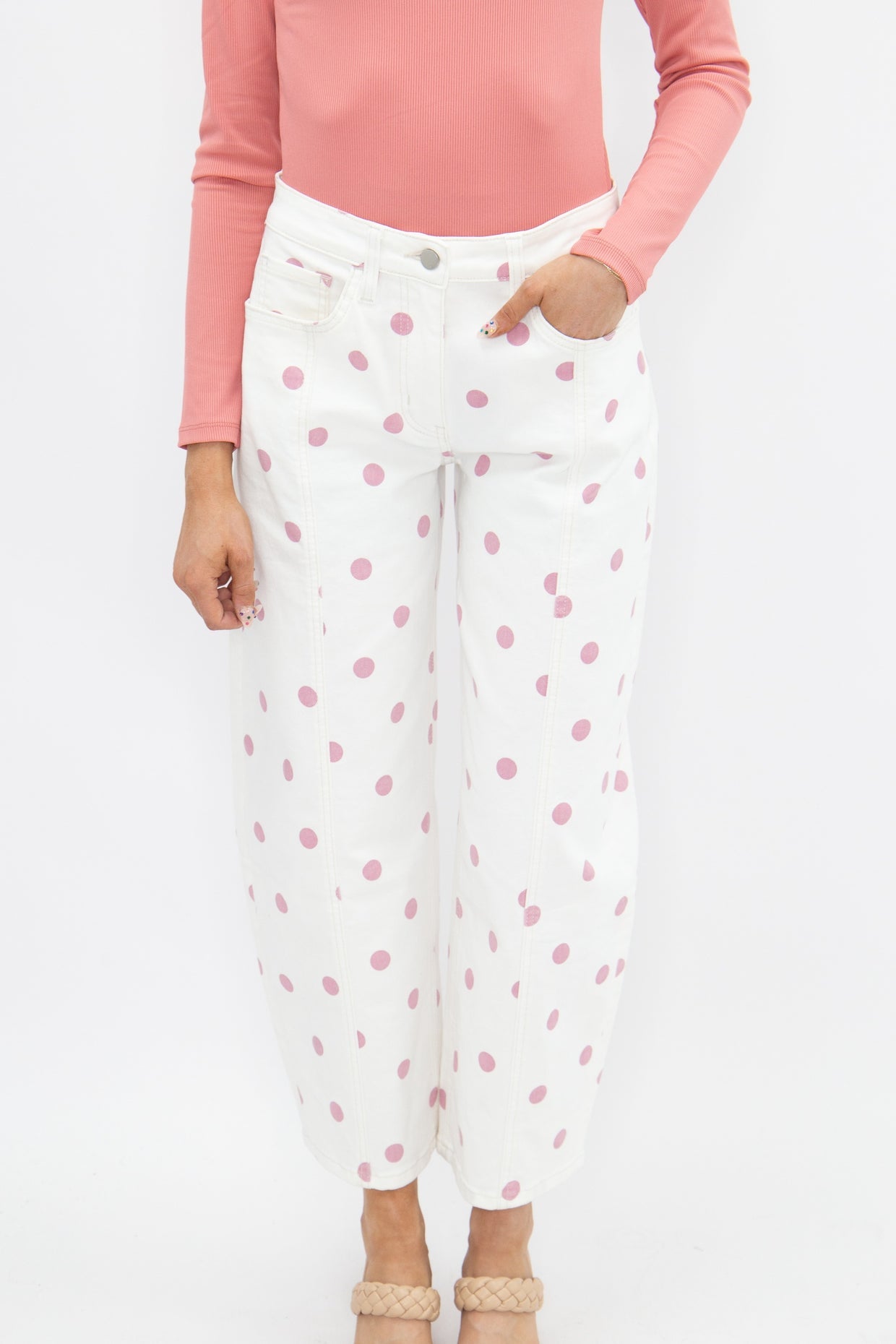 The Chloe Polka Dot Barrel Jeans - Pink/White