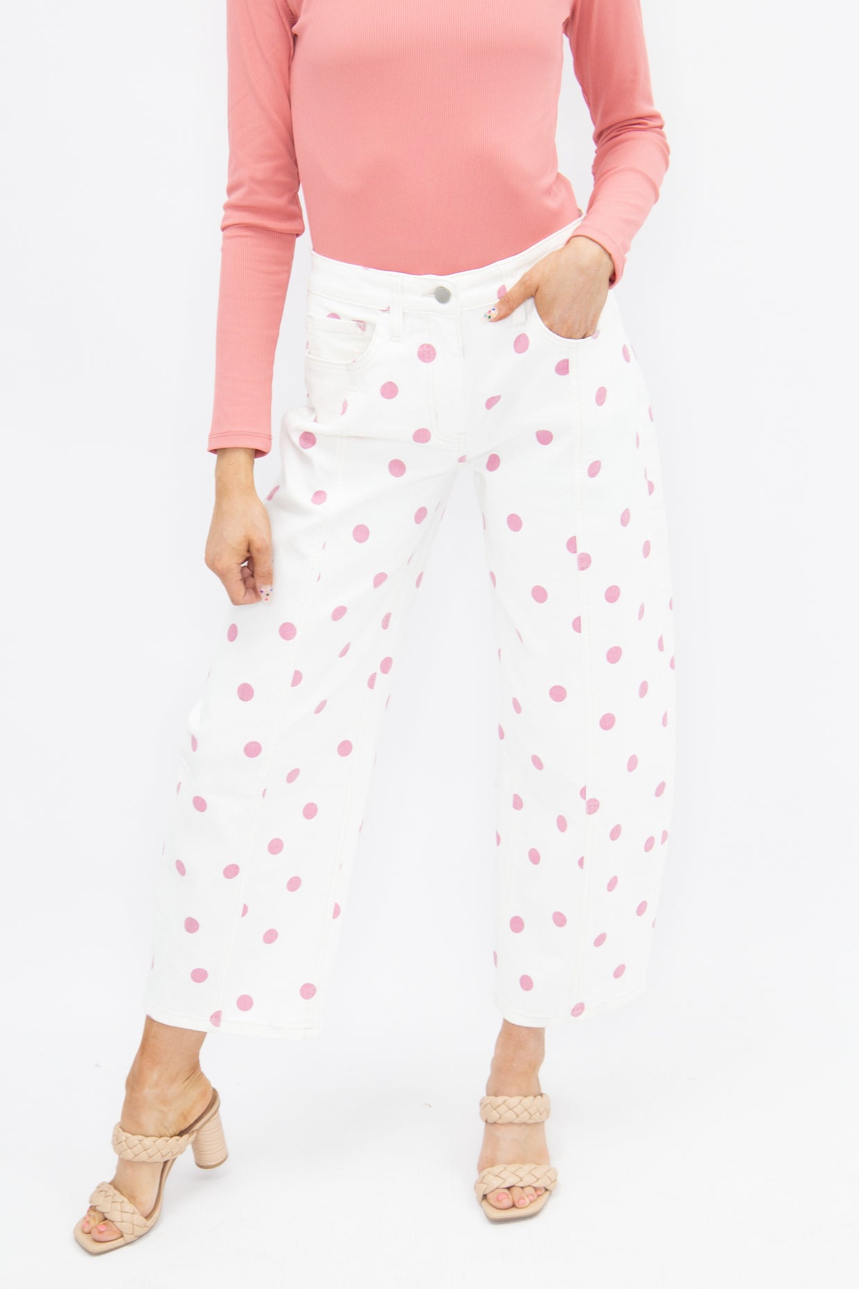 The Chloe Polka Dot Barrel Jeans - Pink/White