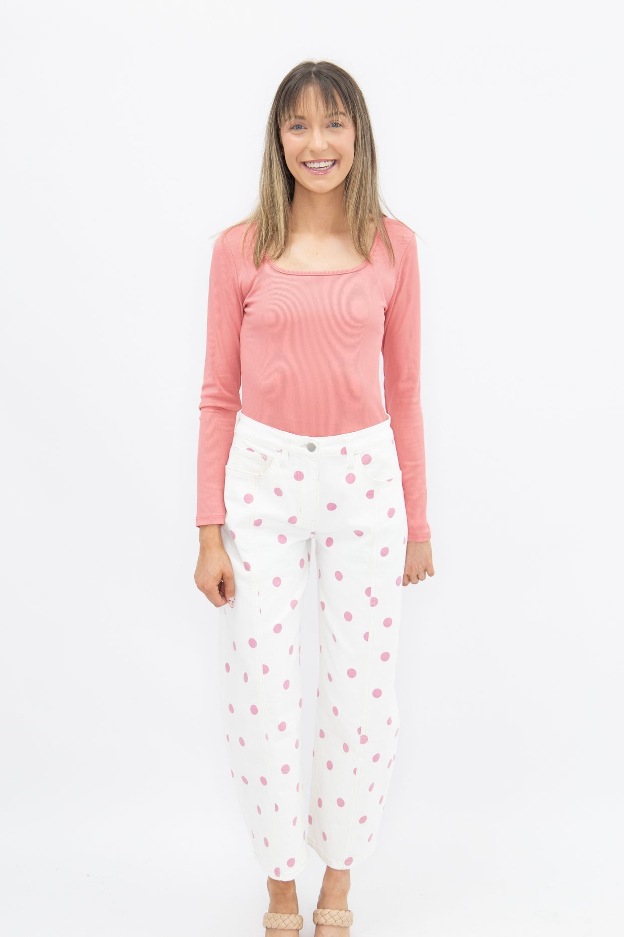 The Chloe Polka Dot Barrel Jeans - Pink/White