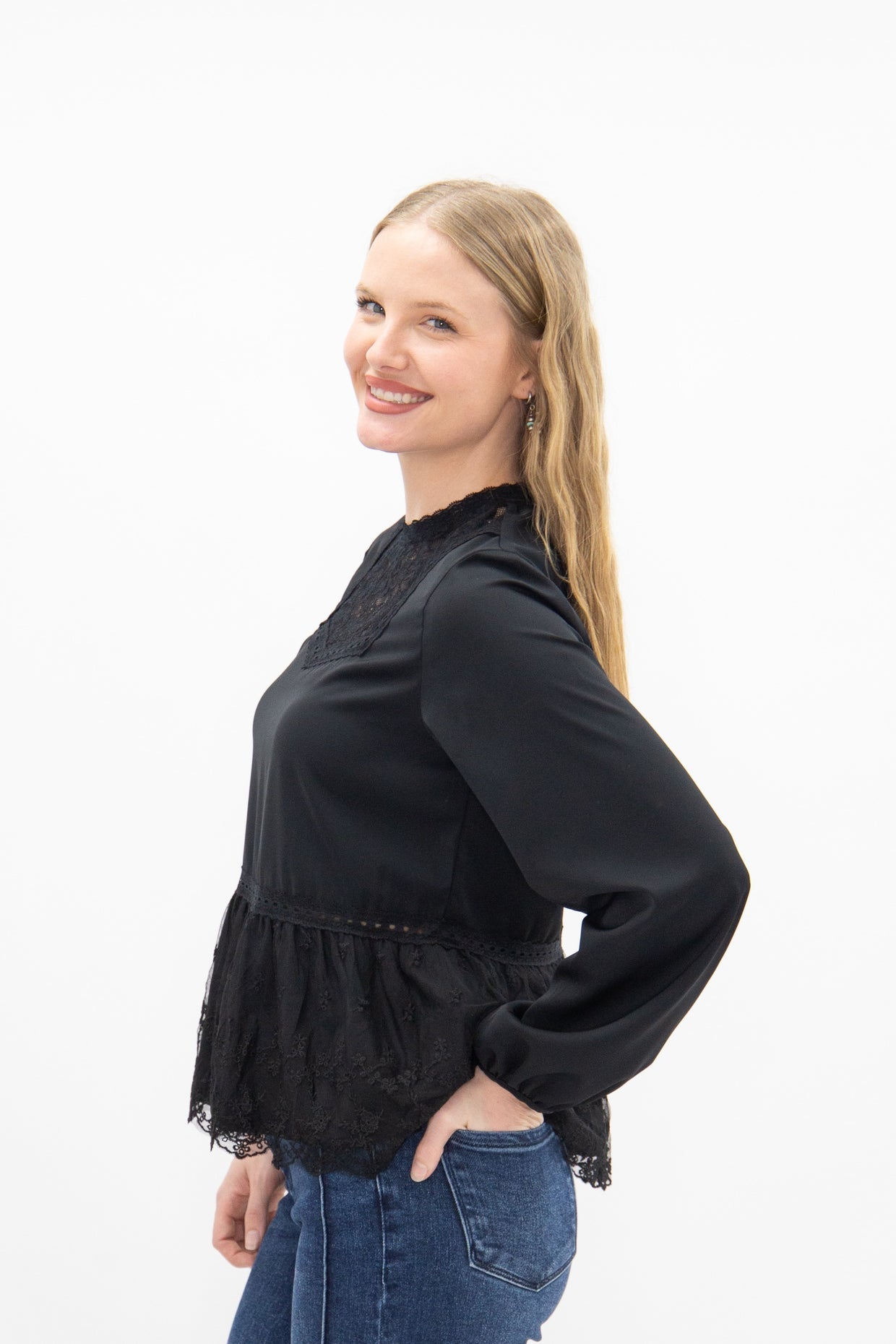 The Lisette High Neck Blouse with Lace Peplum - Black