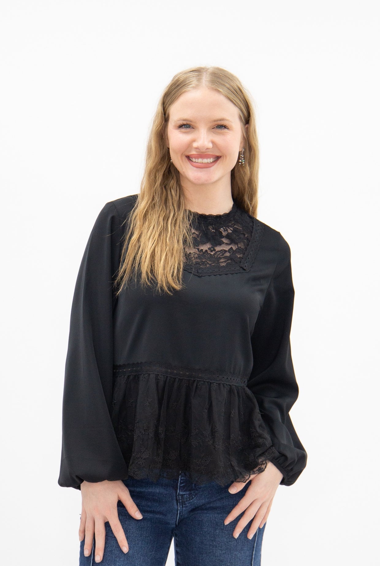 The Lisette High Neck Blouse with Lace Peplum - Black