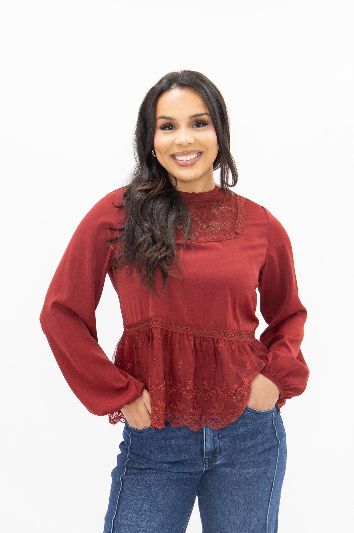 The Lisette High Neck Blouse with Lace Peplum - Maroon