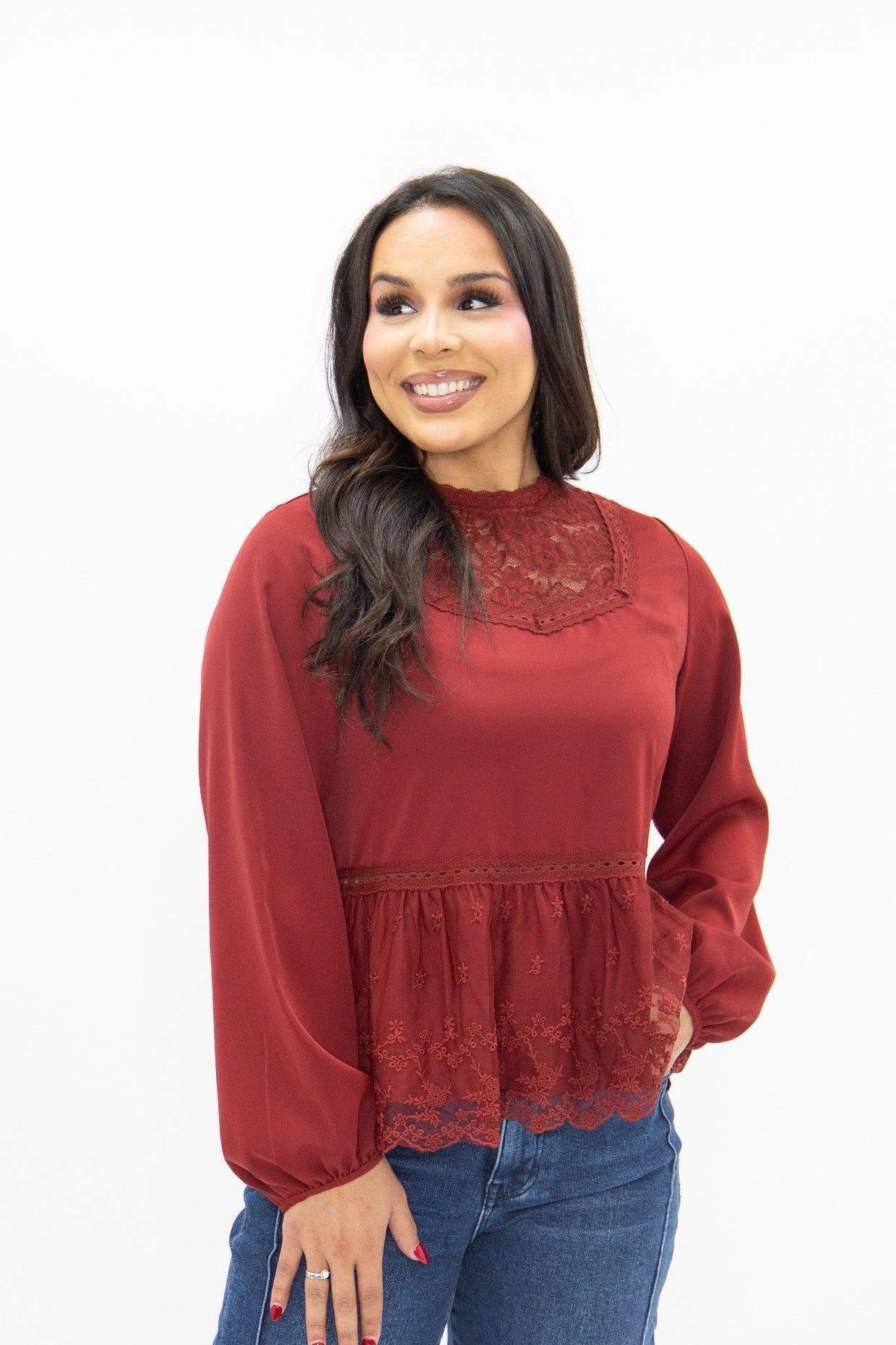 The Lisette High Neck Blouse with Lace Peplum - Maroon