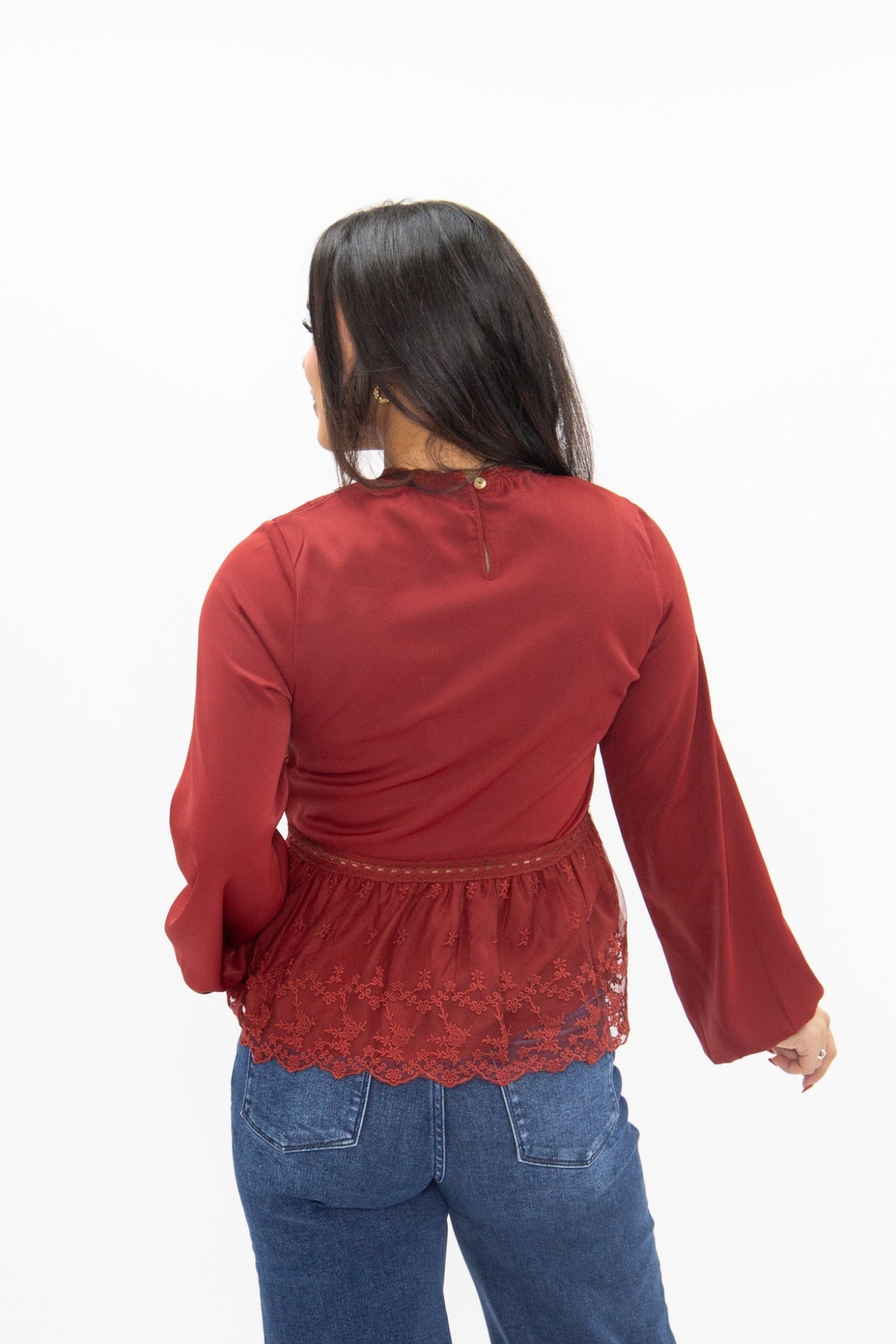 The Lisette High Neck Blouse with Lace Peplum - Maroon