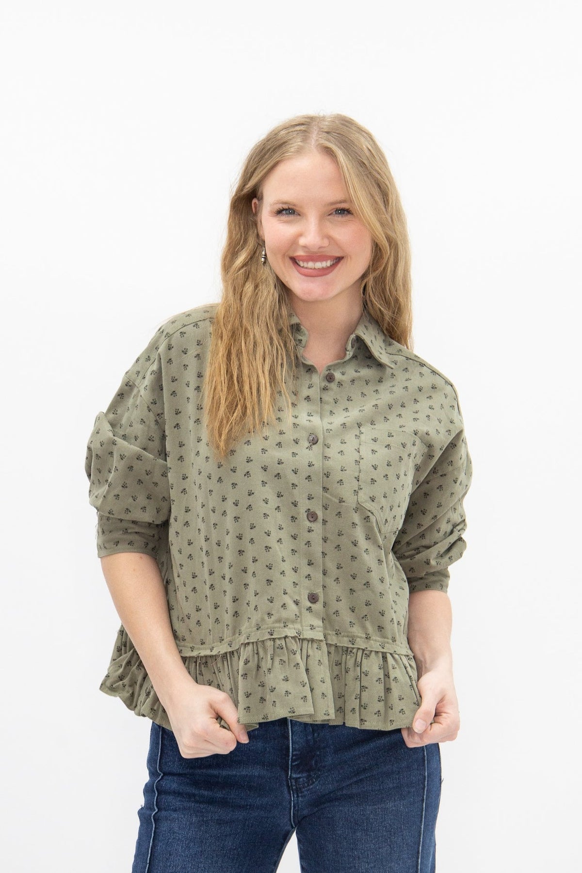 The Libbie Green Floral Print Ruffle Jacket