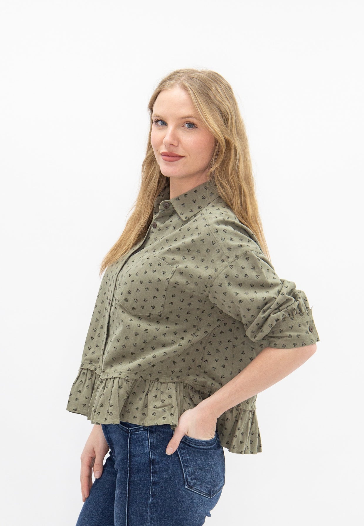 The Libbie Green Floral Print Ruffle Jacket