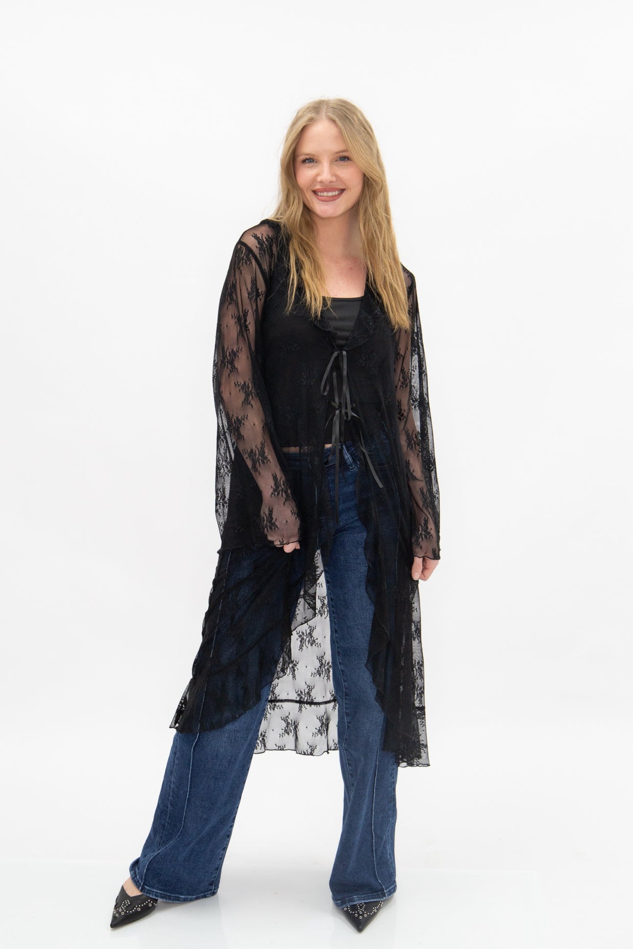 The Tenille Lace Long Kimono - Black