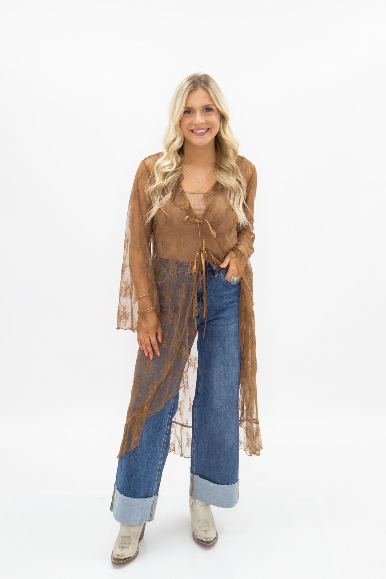 The Tenille Lace Long Kimono - Brown